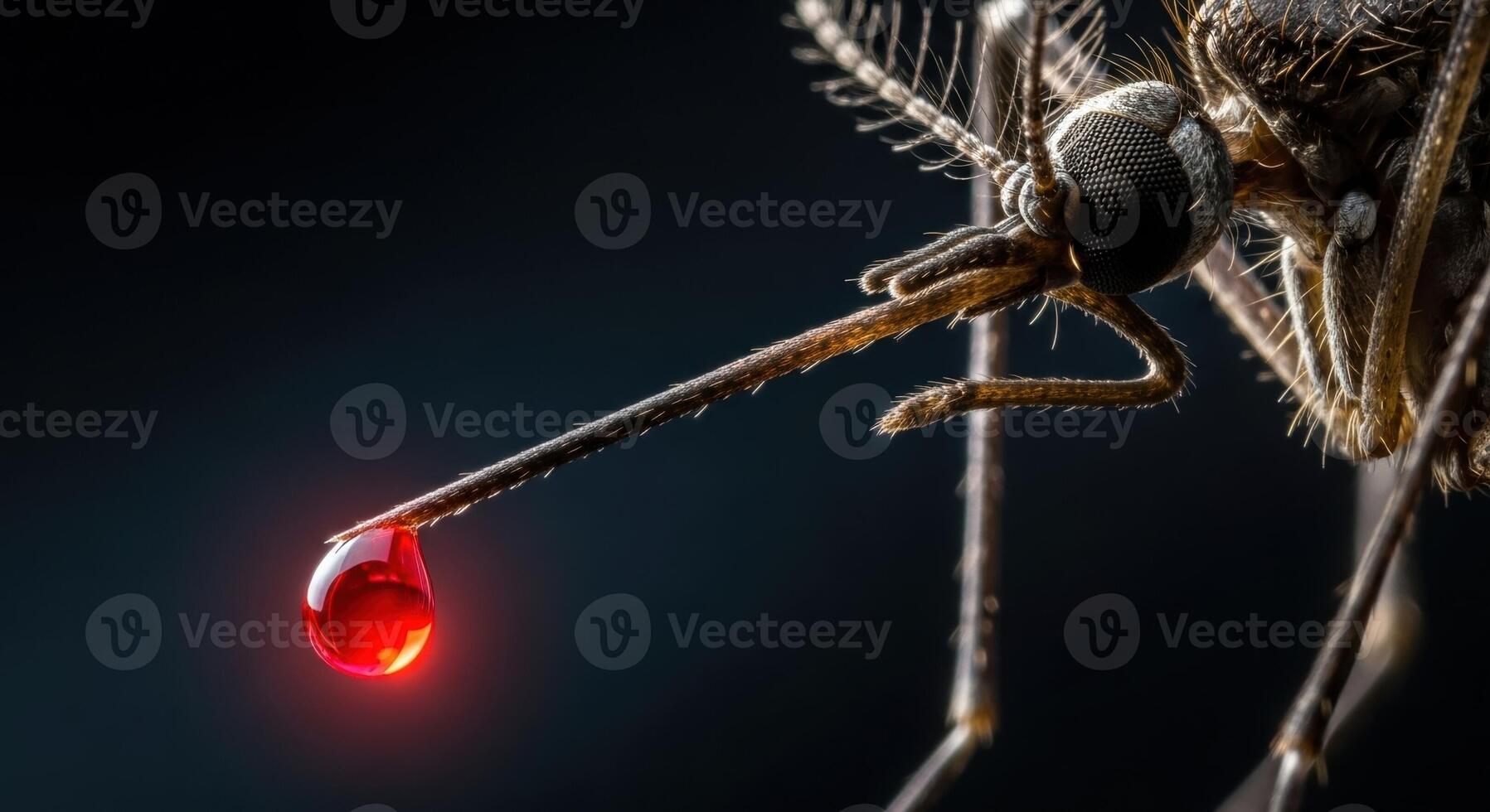 Macro view of mosquito proboscis with a glowing red blood drop symbolizing disease photo