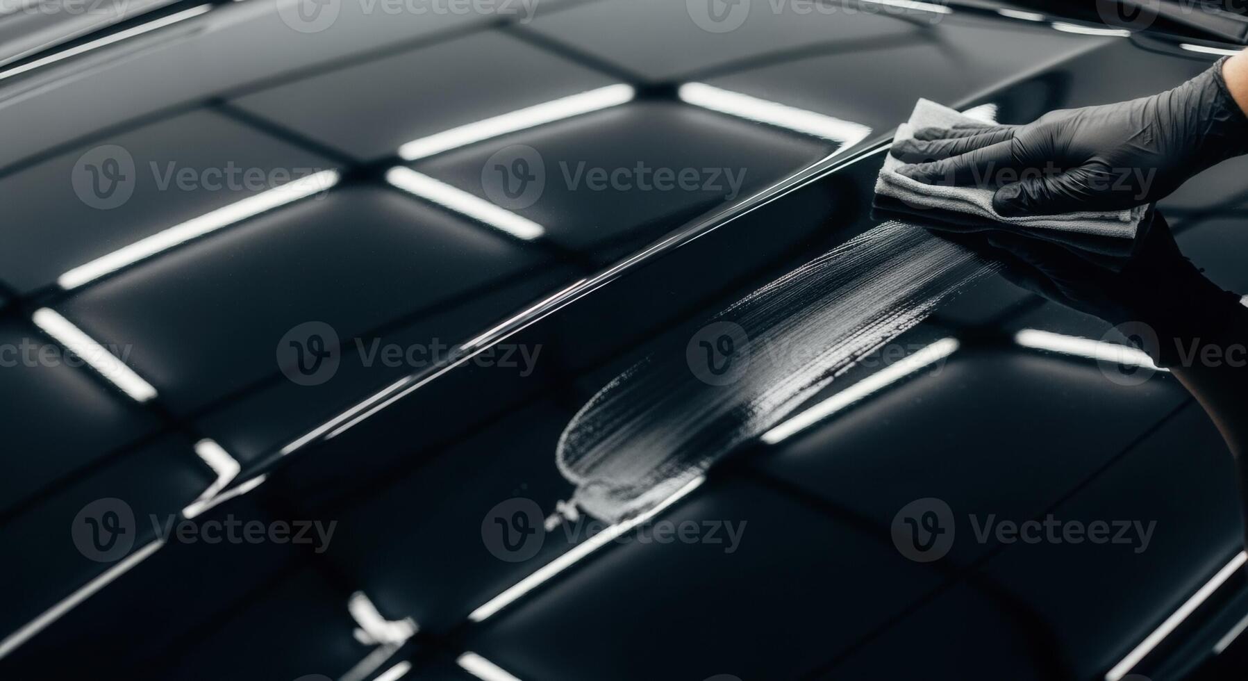 Professional car detailing with a gloved hand polishing a black car hood for a perfect shine. photo