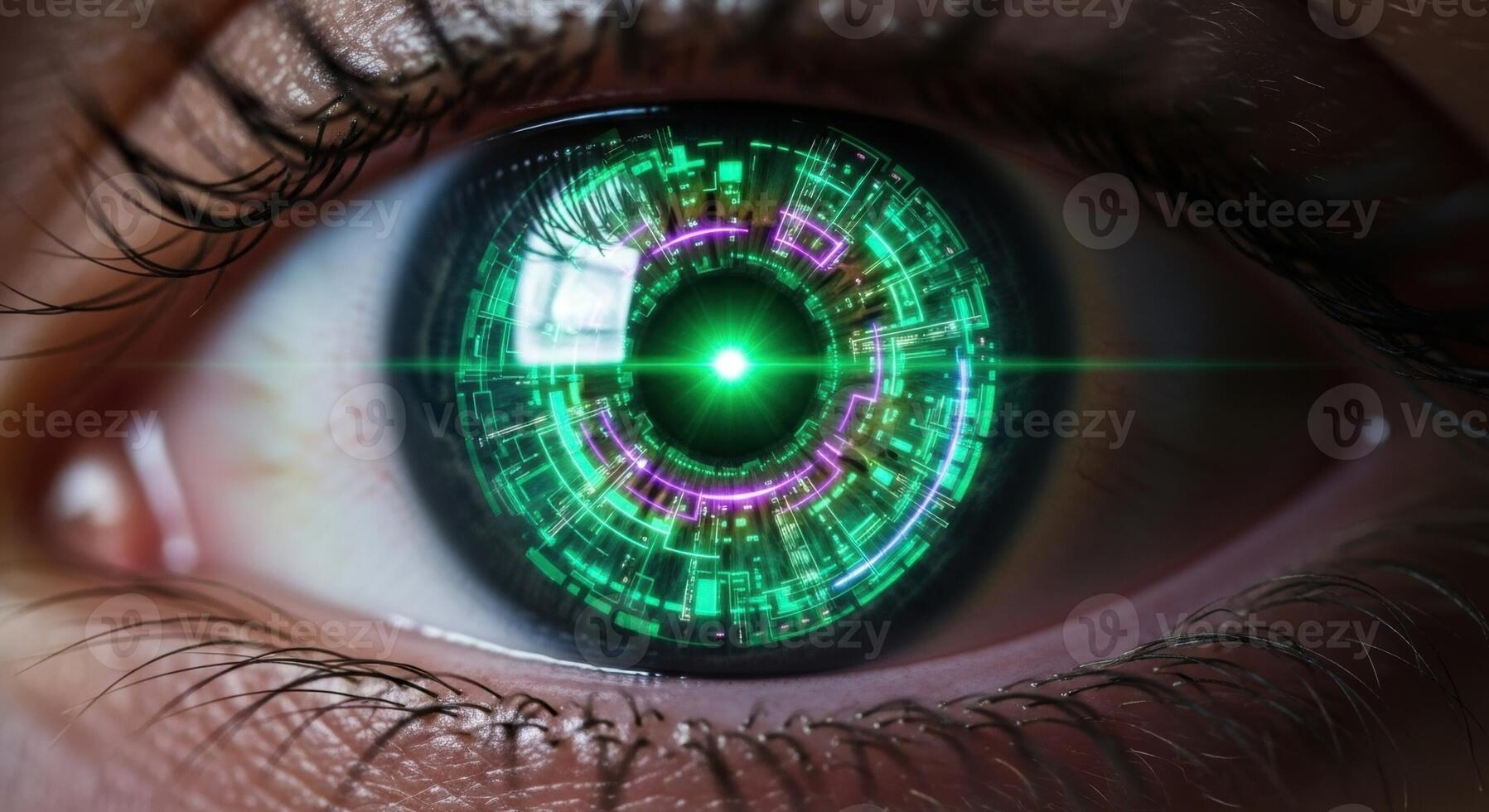 Close up of a human eye with a glowing futuristic bionic iris and digital circuit patterns photo