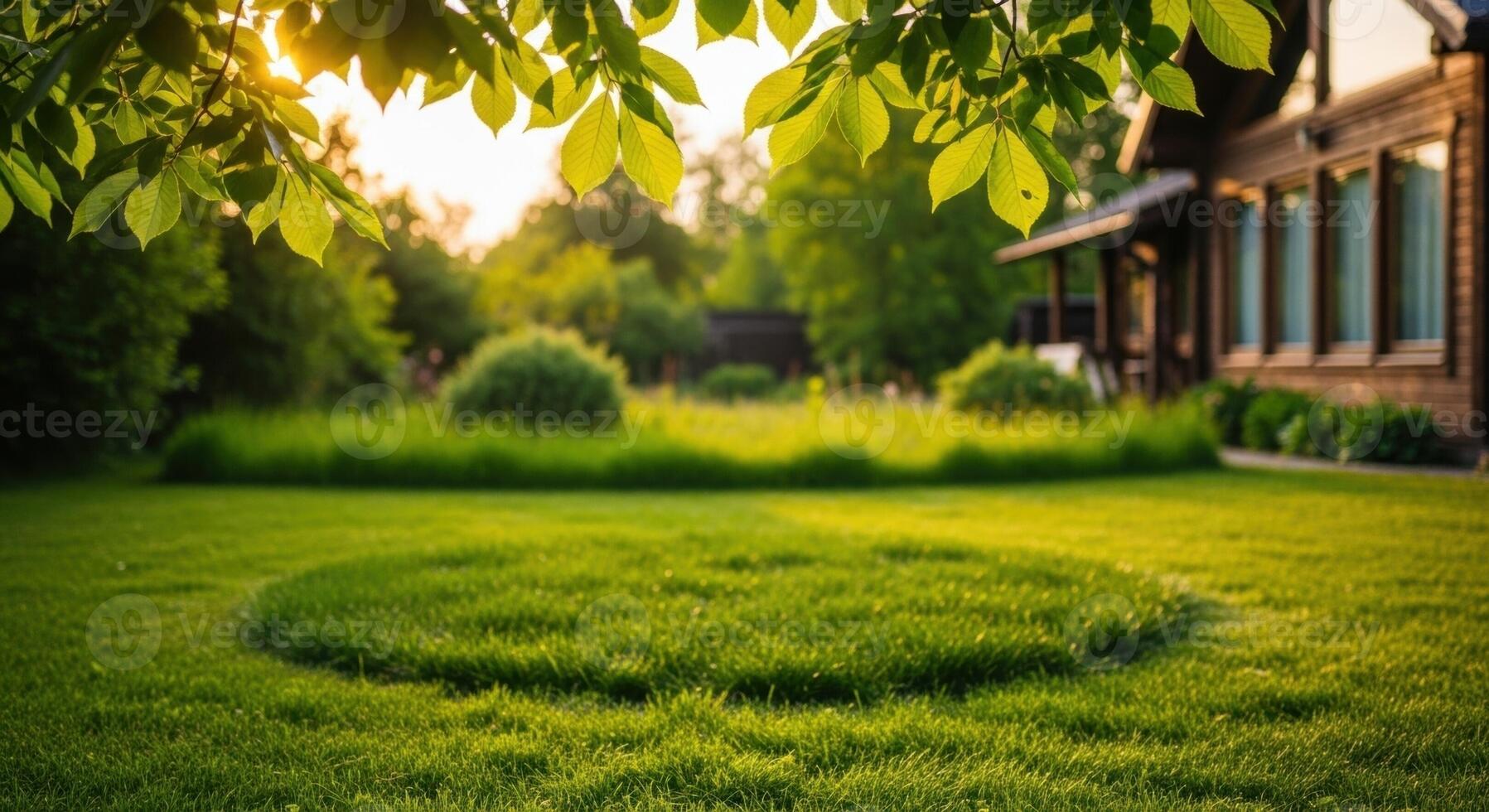 Vibrant Green Backyard Lawn Bathed in Golden Hour Sunlight with Lush Trees photo