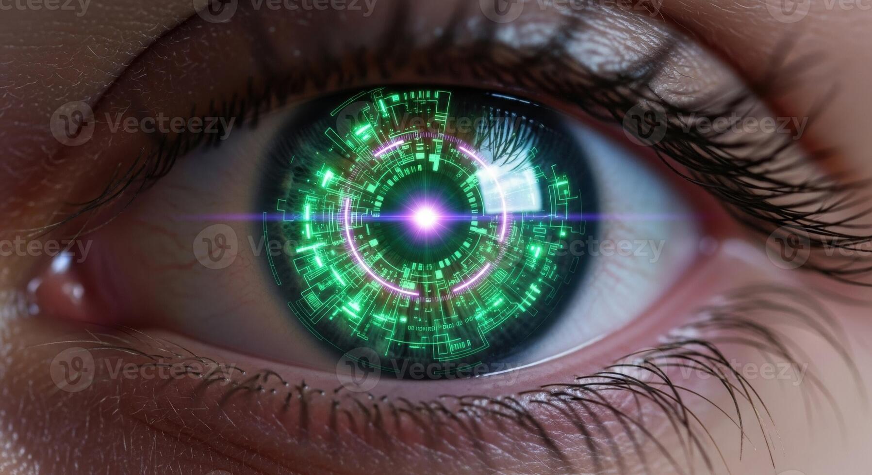 Close up of a human eye with a glowing green digital iris representing futuristic technology and AI photo