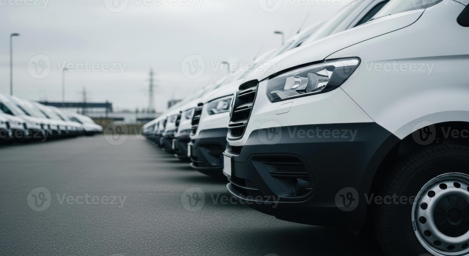 Long line of identical modern white delivery vans parked in an outdoor commercial lot photo
