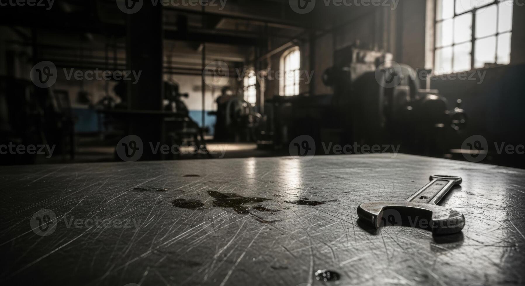 Metal Wrench Lying on a Scratched Industrial Workbench in a Dark Factory Workshop photo