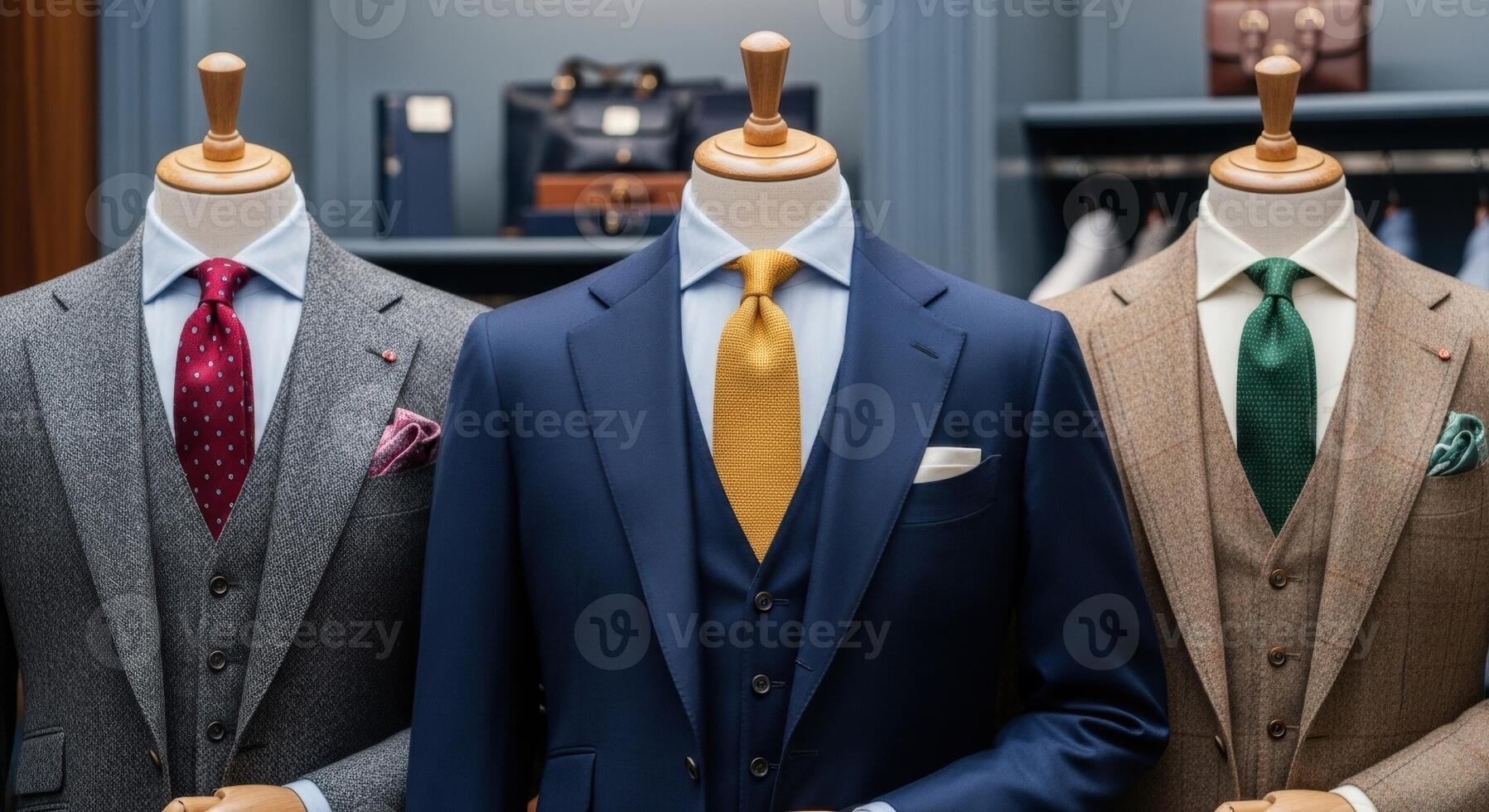 Three male mannequins showcasing elegant tailored suits with ties and pocket squares photo