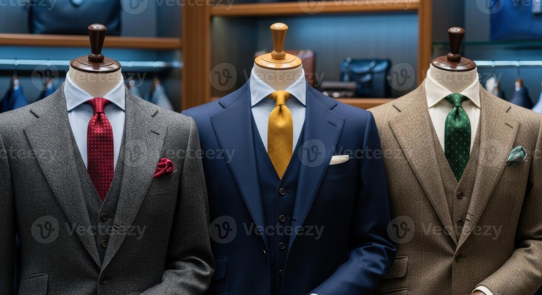 Three Male Mannequins Dressed in Tailored Suits with Colorful Ties photo