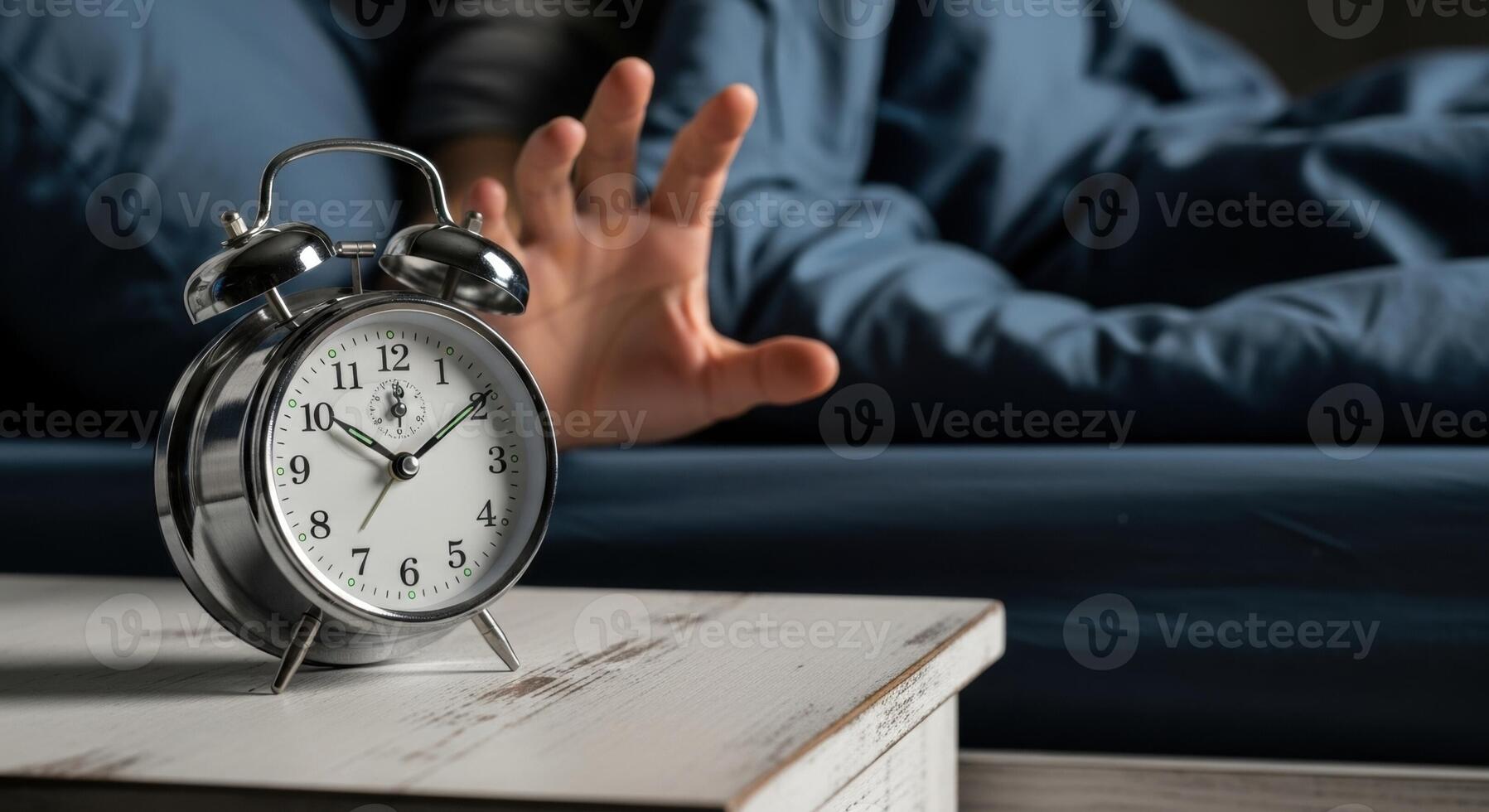 Hand Reaching for a Ringing Silver Alarm Clock on a Nightstand in the Morning photo