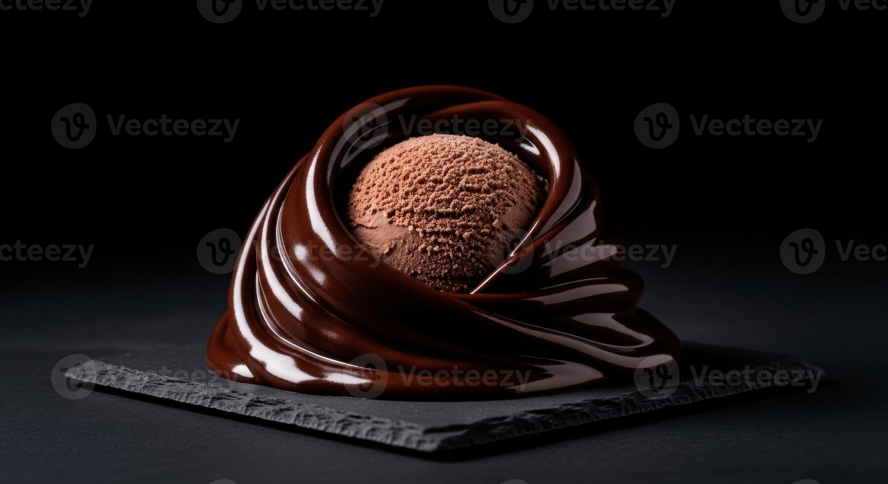 Decadent Chocolate Ice Cream Scoop with Swirling Dark Chocolate Sauce photo