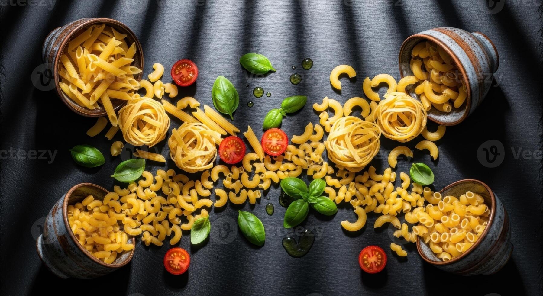 Various Dry Pasta Shapes with Fresh Basil, Tomatoes, and Olive Oil on Dark Surface photo