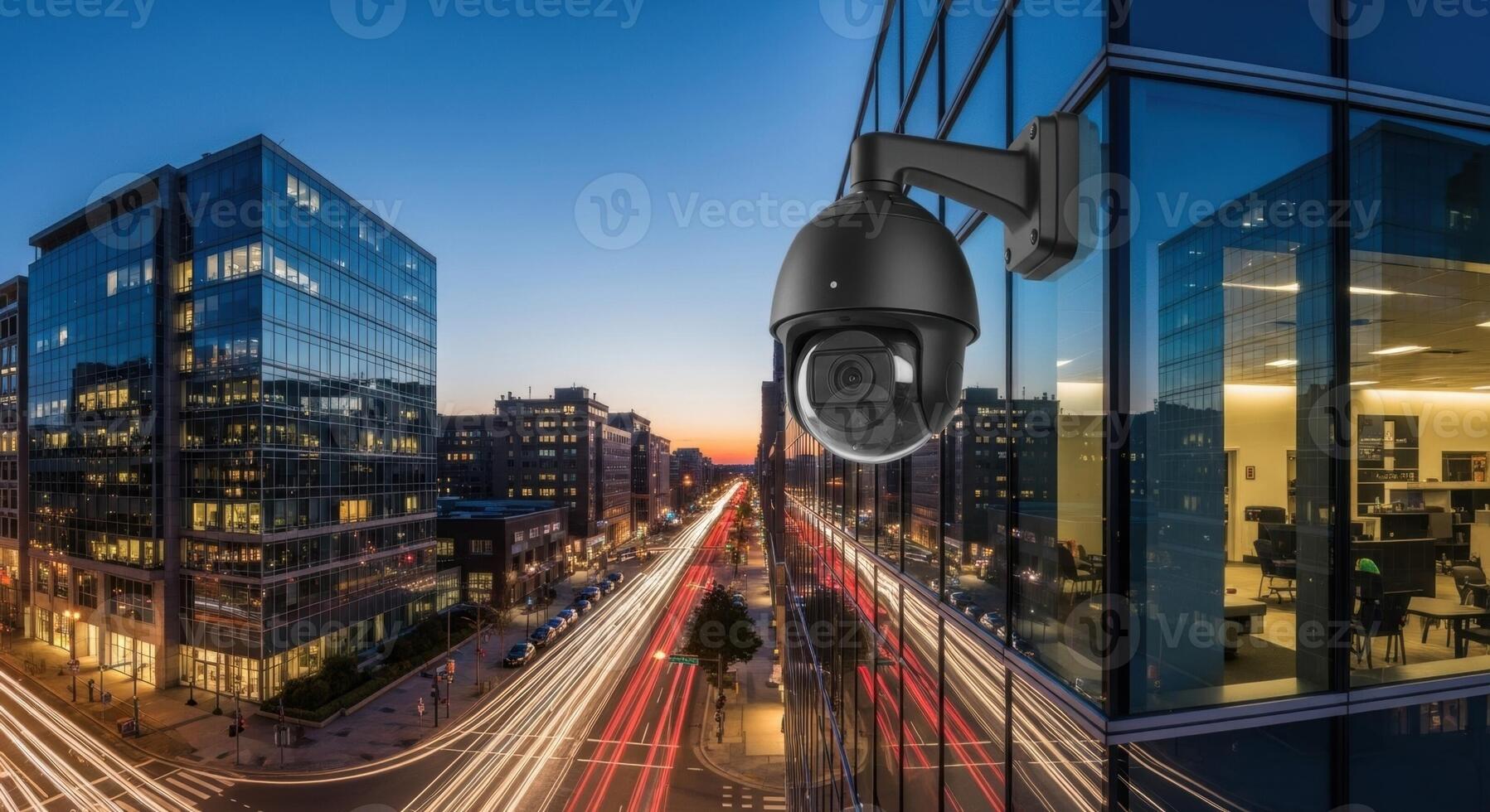 Black Dome Security Camera on Modern Building Overlooking City Street at Dusk with Light Trails photo