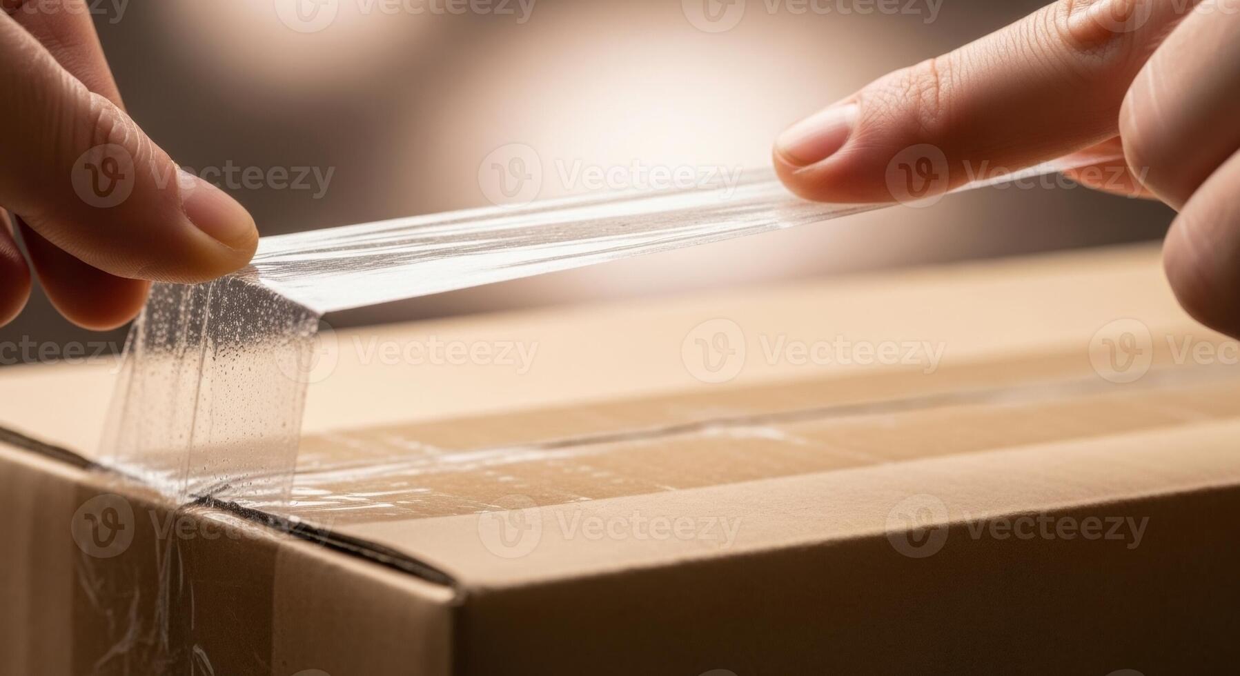 Hands applying clear packing tape to seal a cardboard box for shipping or moving photo