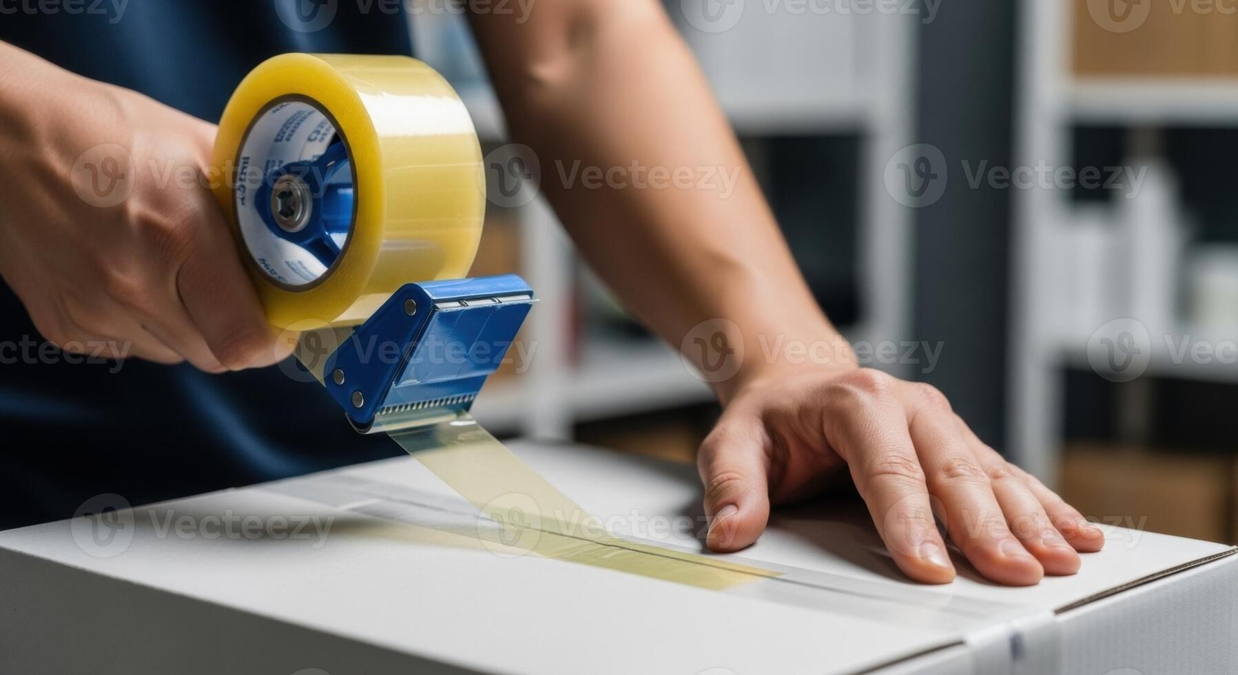 Hands using a tape dispenser to seal a white cardboard box for shipping or moving photo