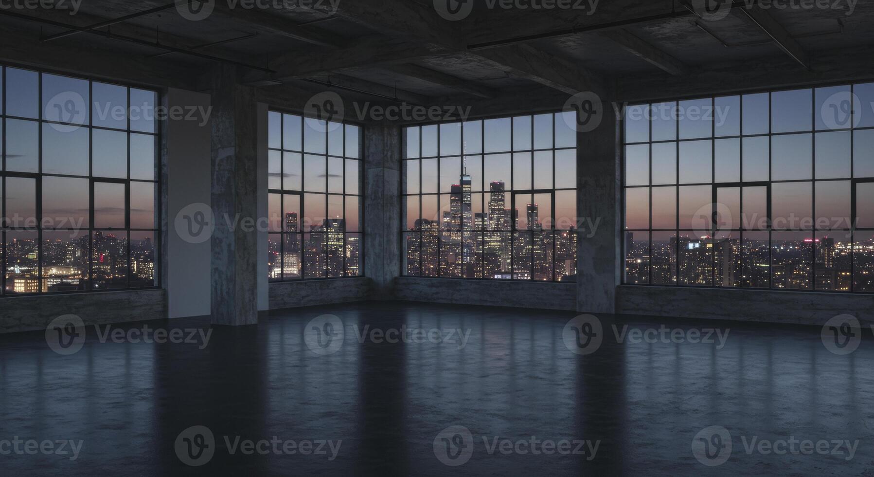 Empty industrial loft space with large windows overlooking city skyline photo