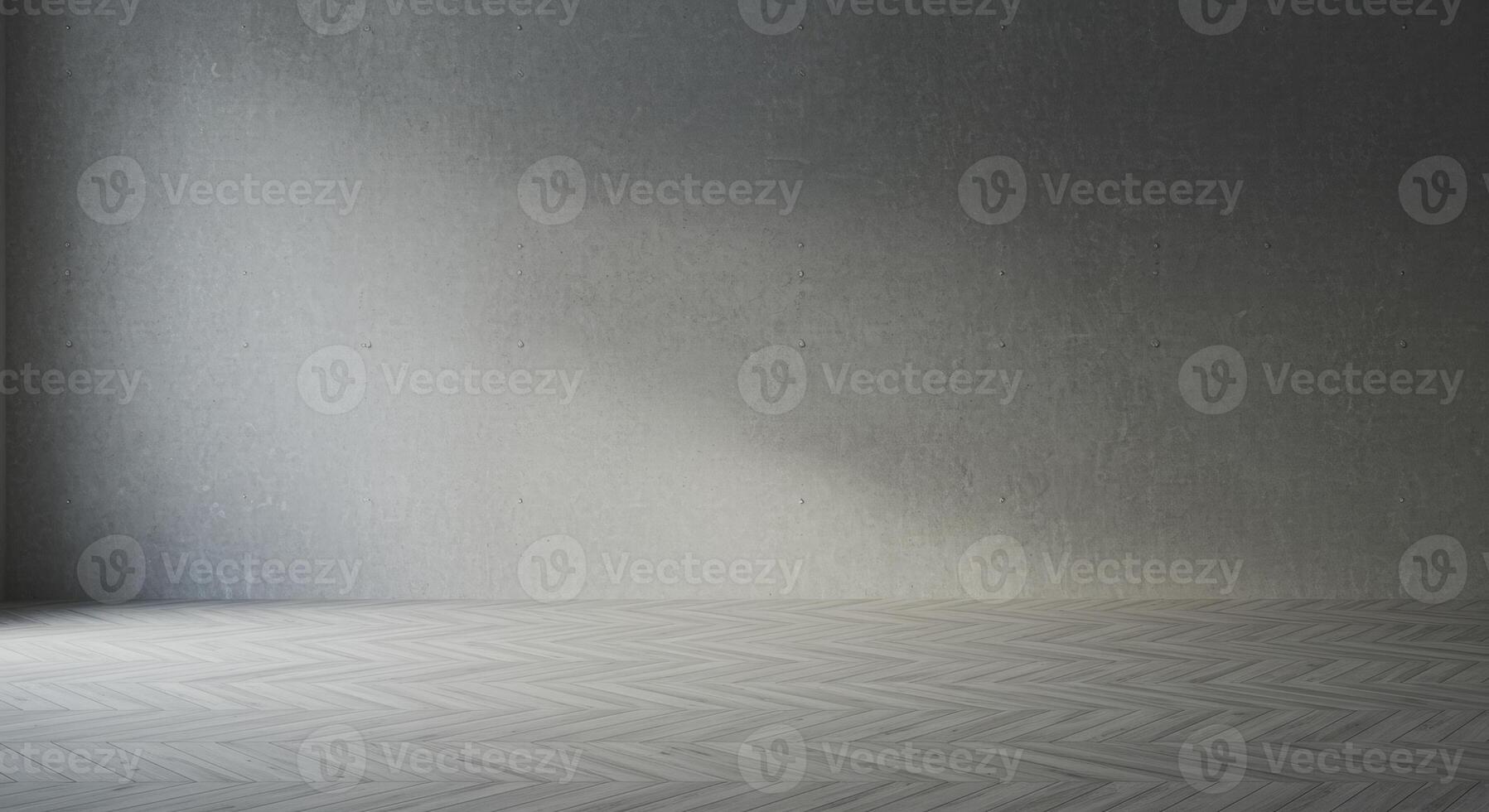 Empty room with concrete wall and light grey herringbone hardwood floor with natural light photo