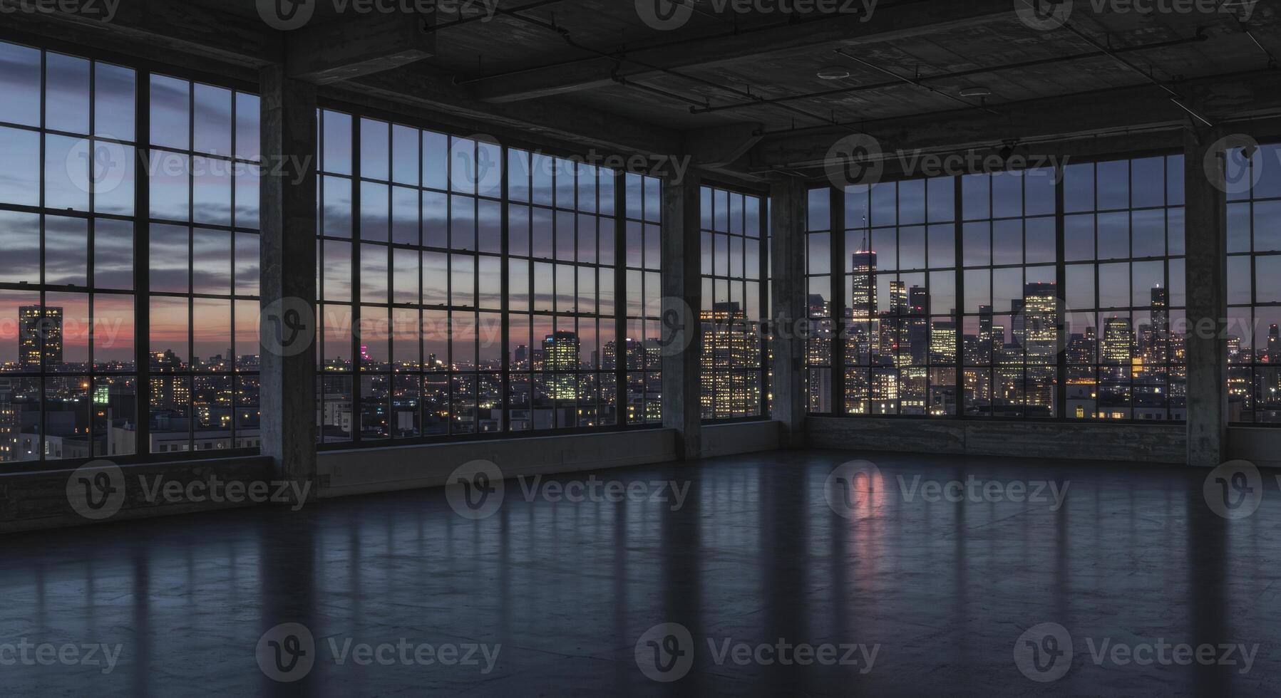 Empty industrial loft with large windows overlooking a city skyline at dusk photo