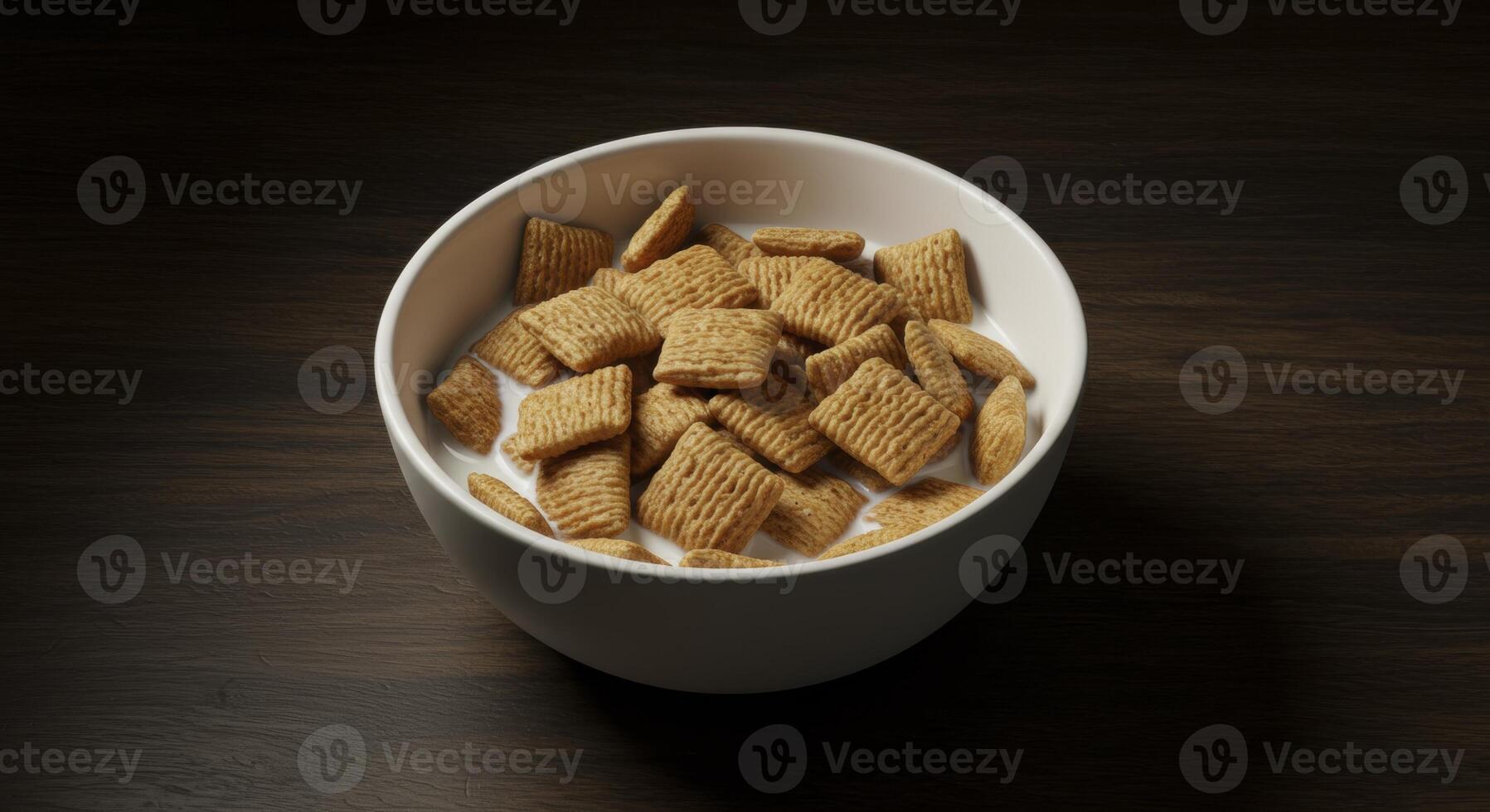 Square shaped cereal with milk in a white bowl on a dark wooden table for breakfast photo