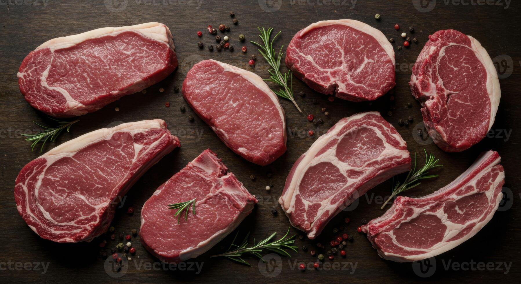Selection of raw beef steaks and lamb chops with rosemary and peppercorns on a dark table photo