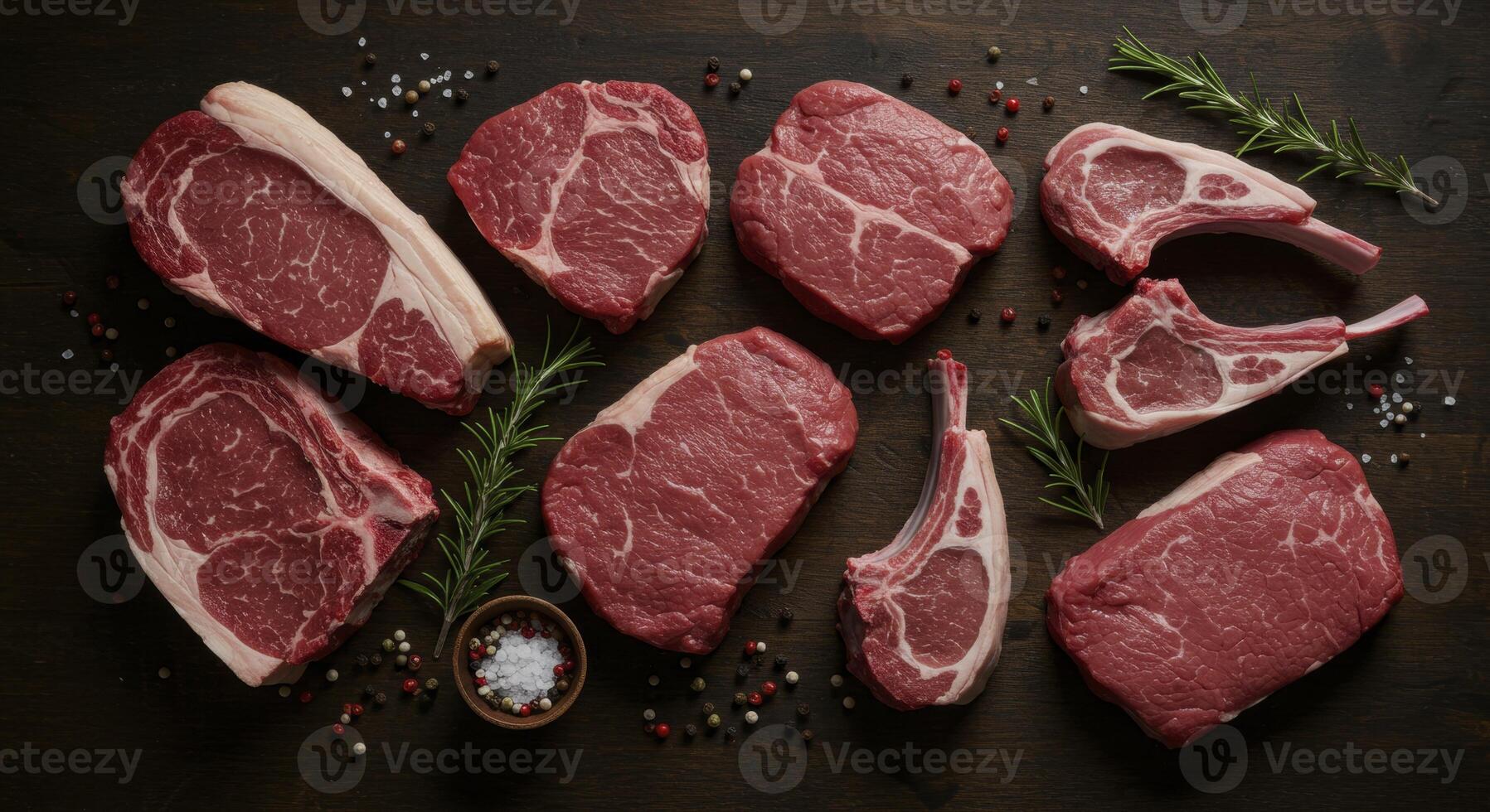Selection of raw beef steaks and lamb chops with seasoning on a dark wooden table photo