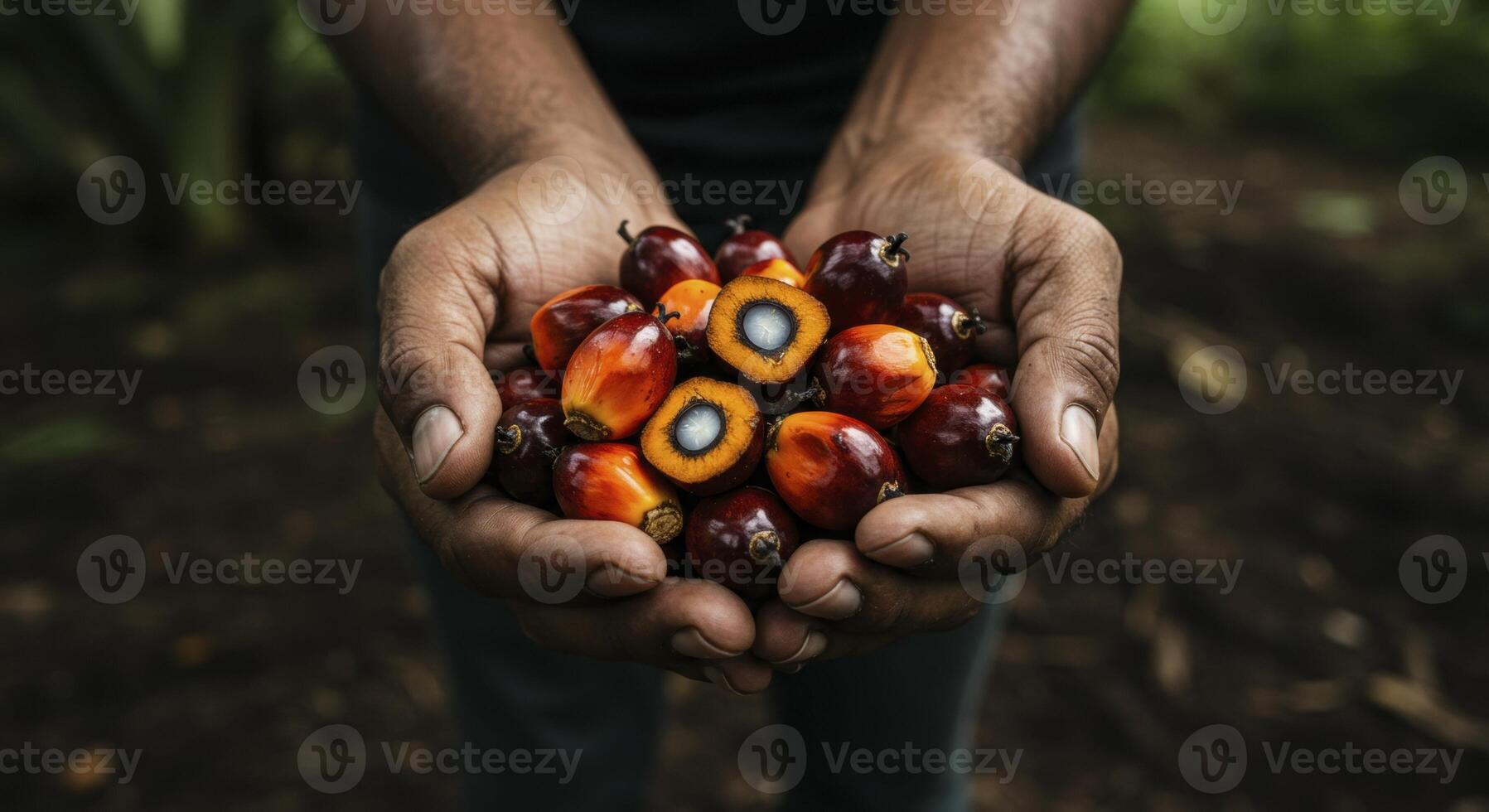 Weathered hands holding a cluster of ripe palm oil fruits, some cut open photo