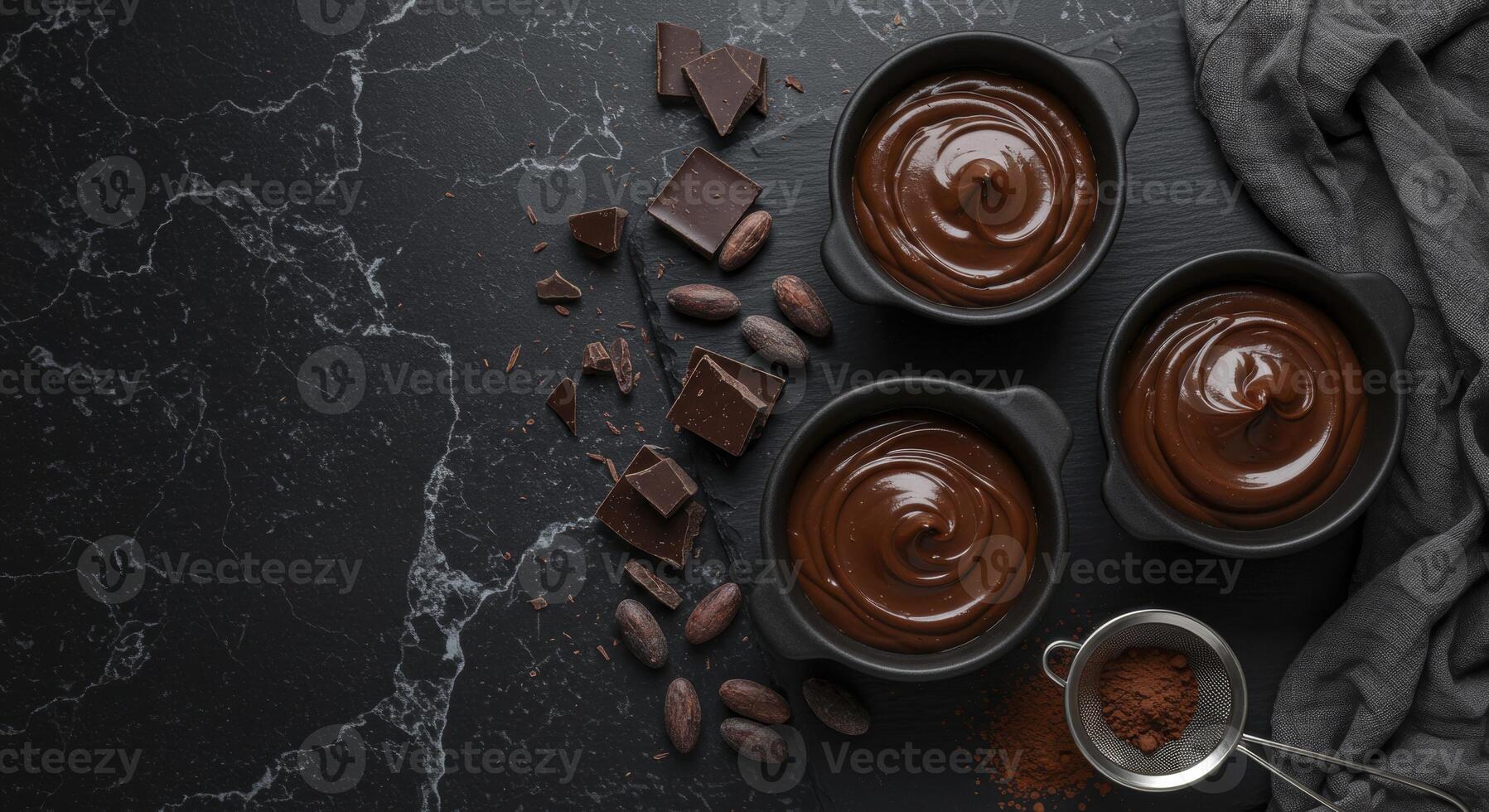 Decadent chocolate ganache in black bowls with cocoa beans and dark chocolate on marble photo