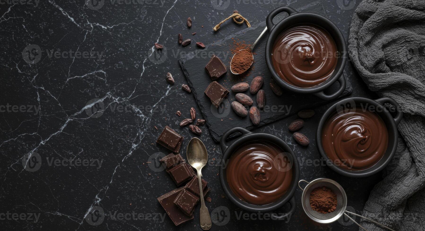 Decadent Chocolate Ganache in Bowls with Cocoa Beans and Dark Chocolate on Marble photo