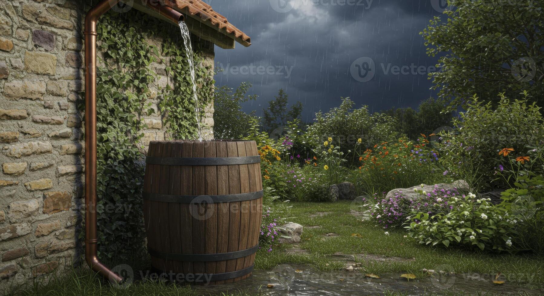 Rainwater collection in a rustic wooden barrel from a copper downspout in a garden photo