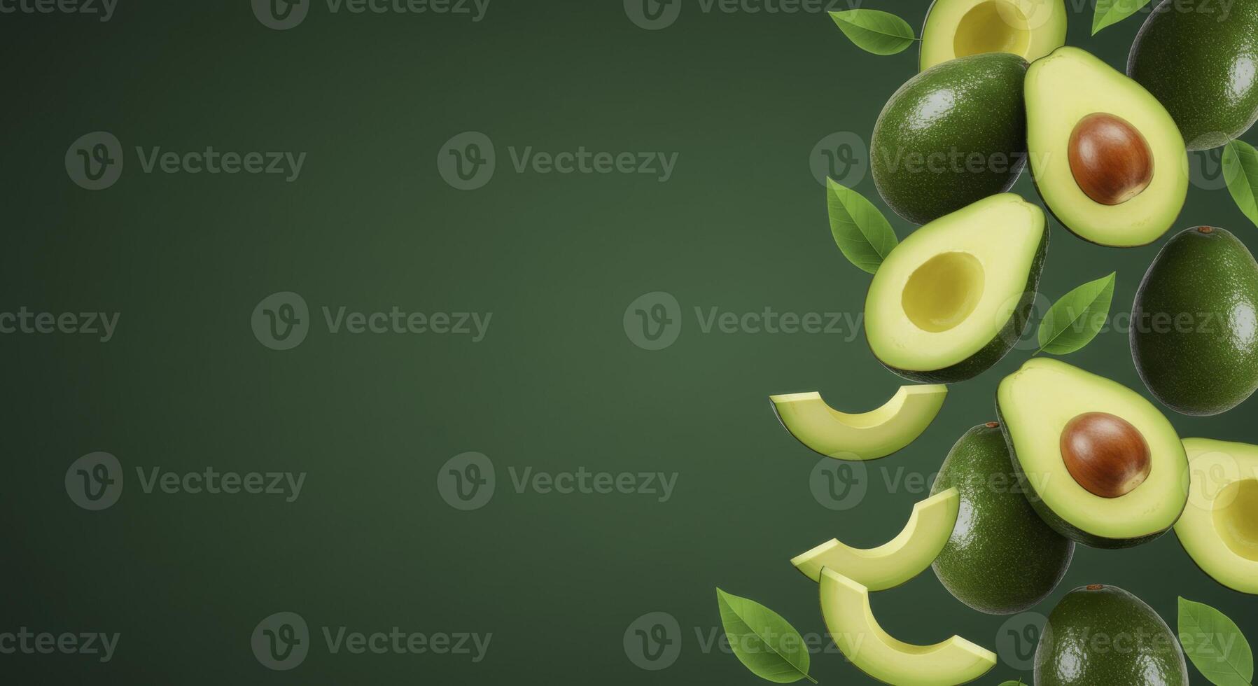 Fresh Avocados and Green Leaves Falling Dynamically on a Dark Green Background photo