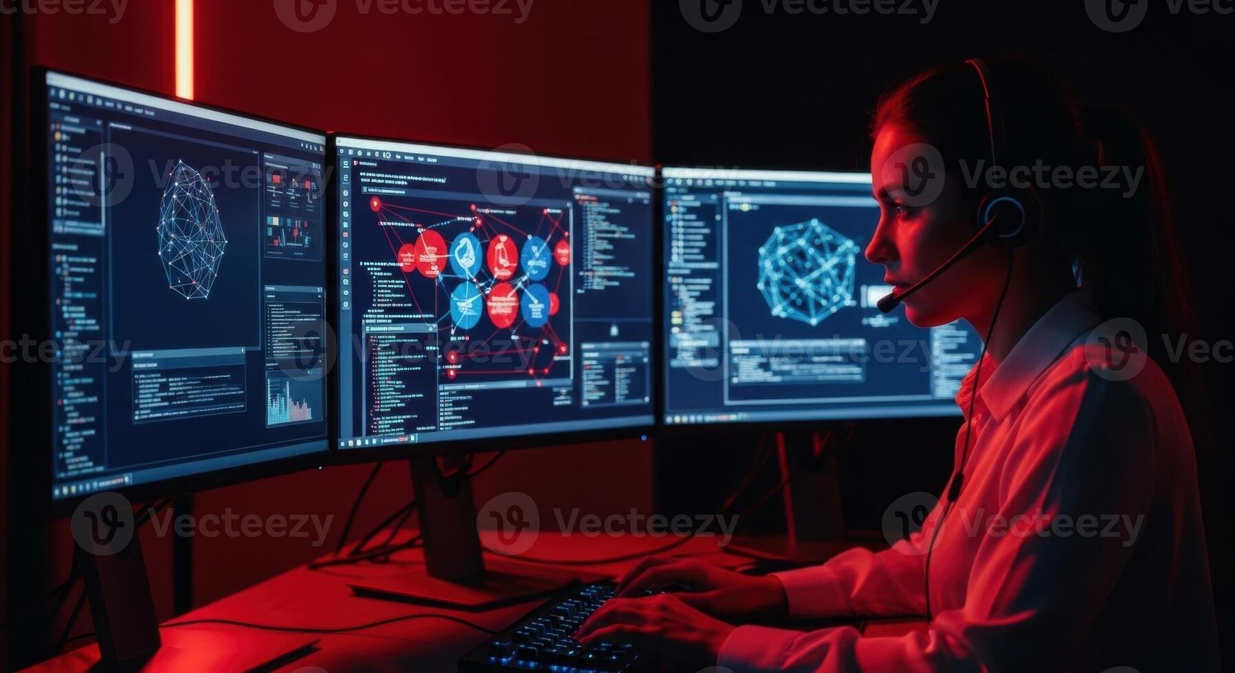 A determined female cybersecurity expert working late at night on multiple computer screens. photo