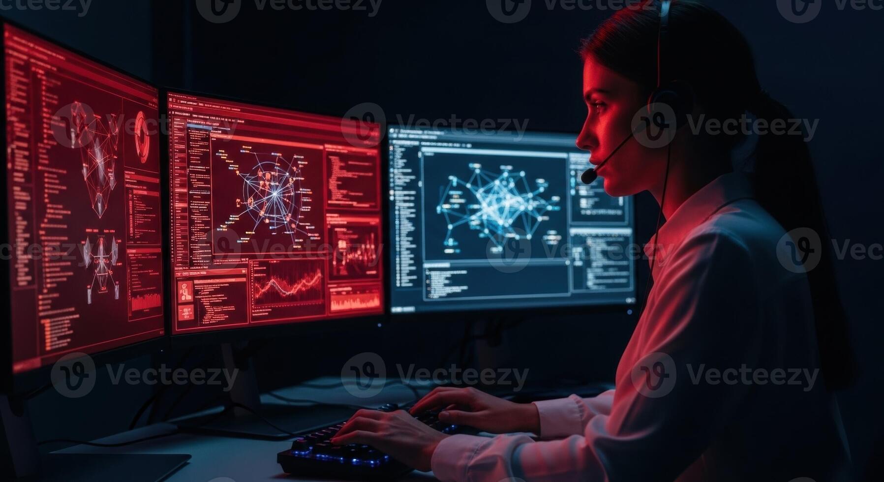 Female cybersecurity expert working on multiple screens with data in a dark control room photo