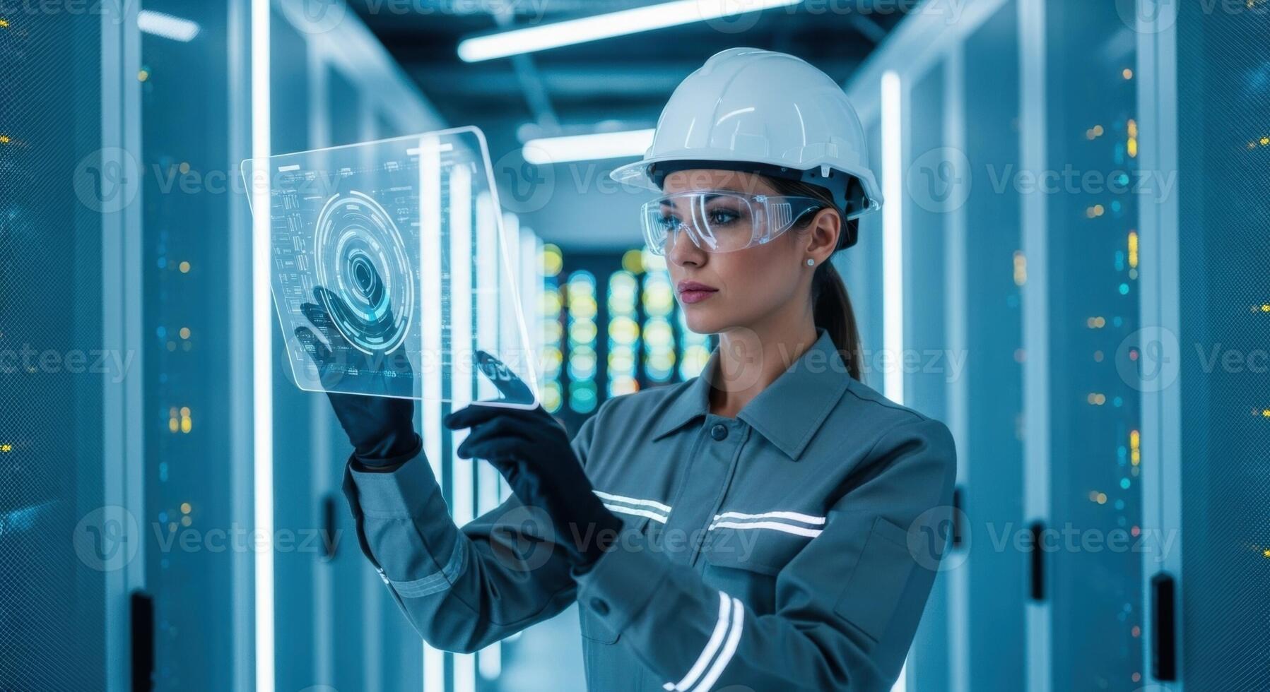 Female Engineer Monitoring Data in a Modern Server Room with Holographic Screen photo