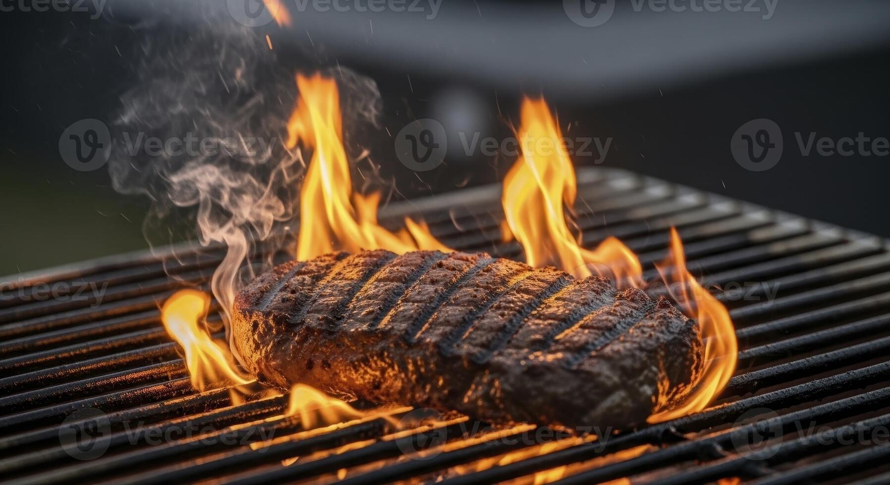 Thick steak cooking on a hot metal grill grate with intense flames photo