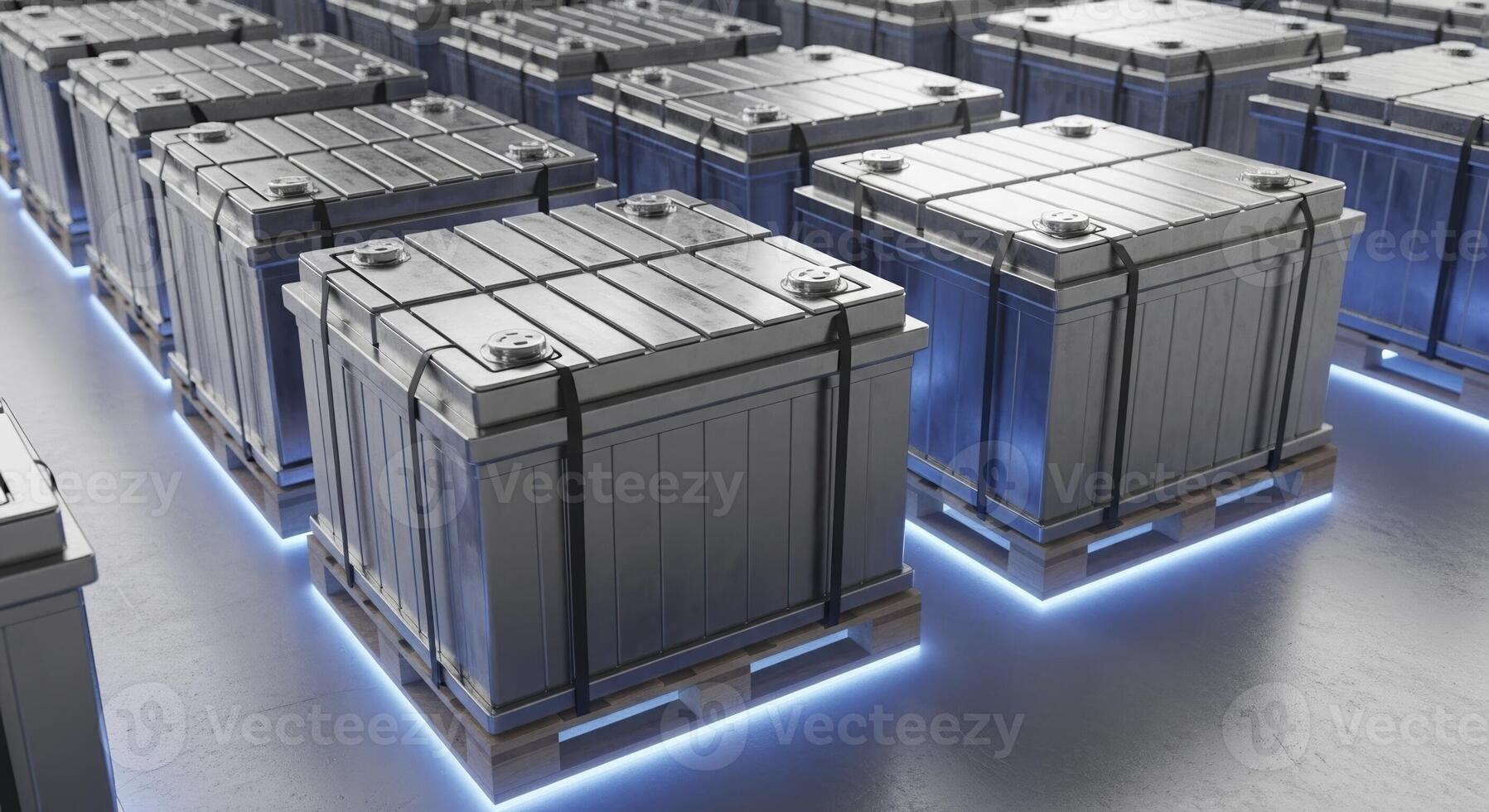 Large Metallic Battery Packs on Pallets with Blue Glow for Energy Storage photo
