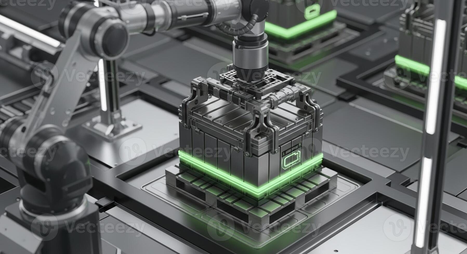 Robotic arm moving a large metallic battery pack in a futuristic automated factory photo