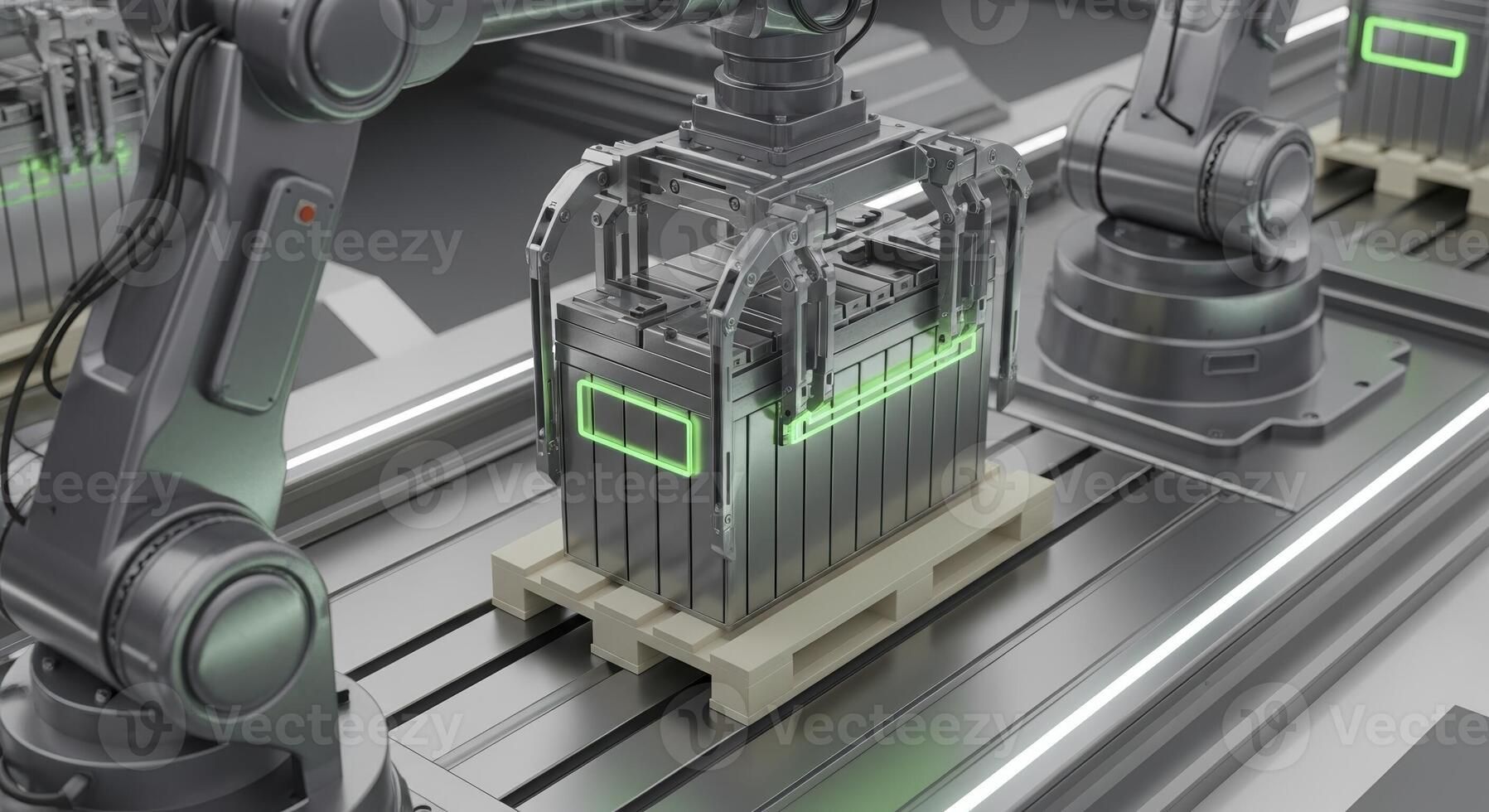 Robotic Arm Moving Large Metallic Battery Pack in an Automated Futuristic Factory photo