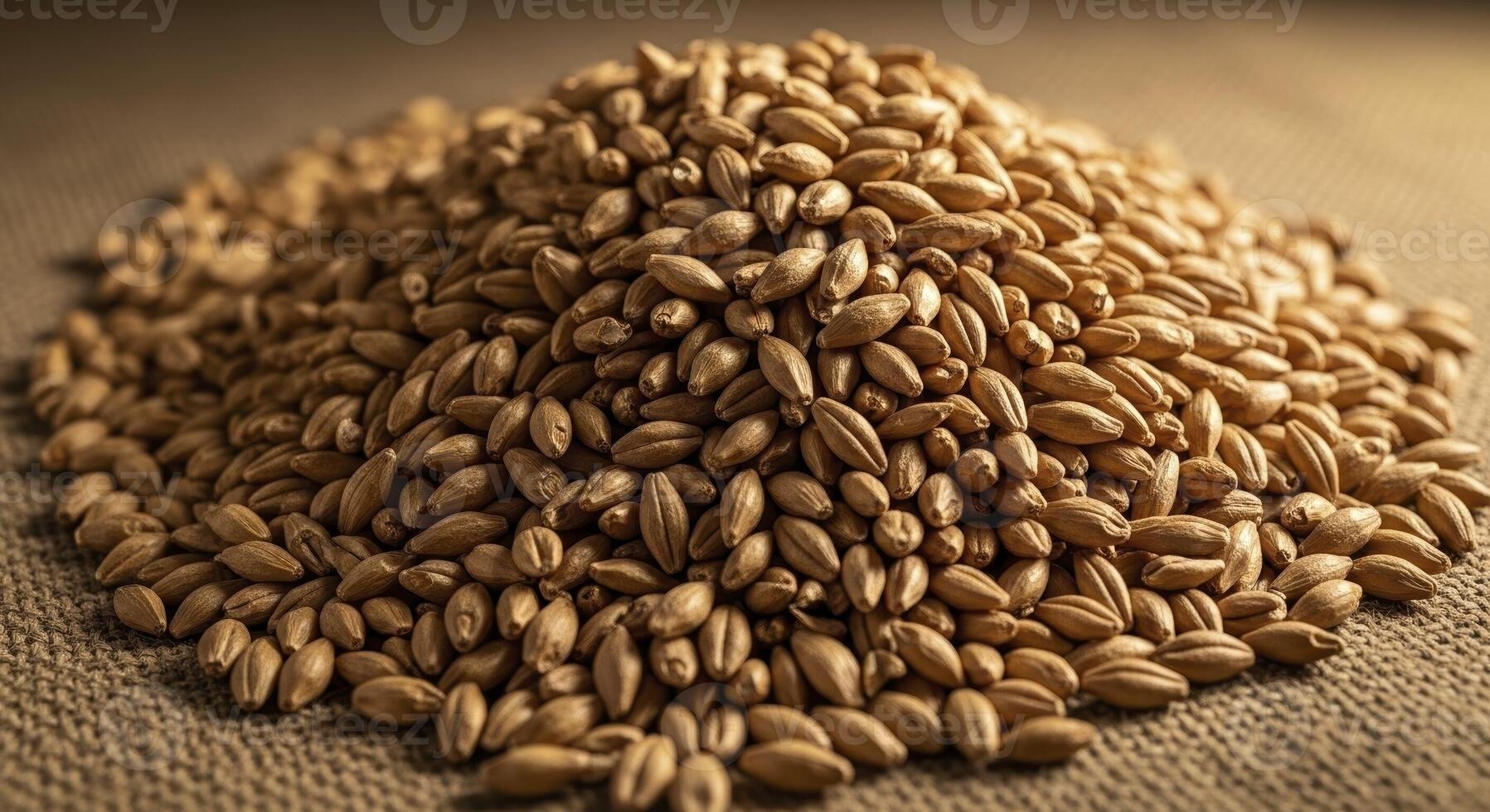 A high detail slightly angled macro photograph of a large pile of dry golden brown barley grains photo