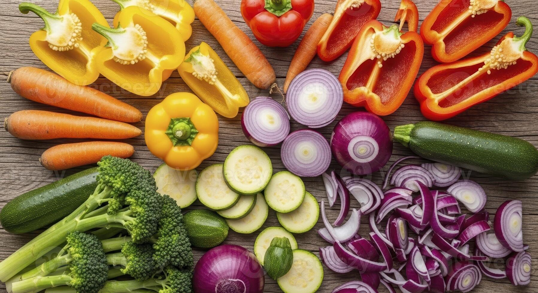 Vibrant assortment of fresh colorful vegetables, some whole and some chopped, on wood photo