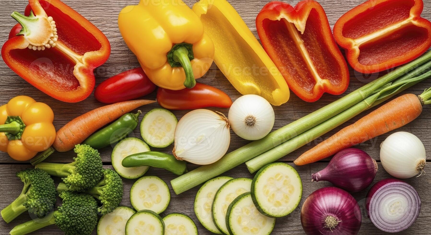A vibrant assortment of fresh, colorful, and healthy vegetables on a wooden surface. photo
