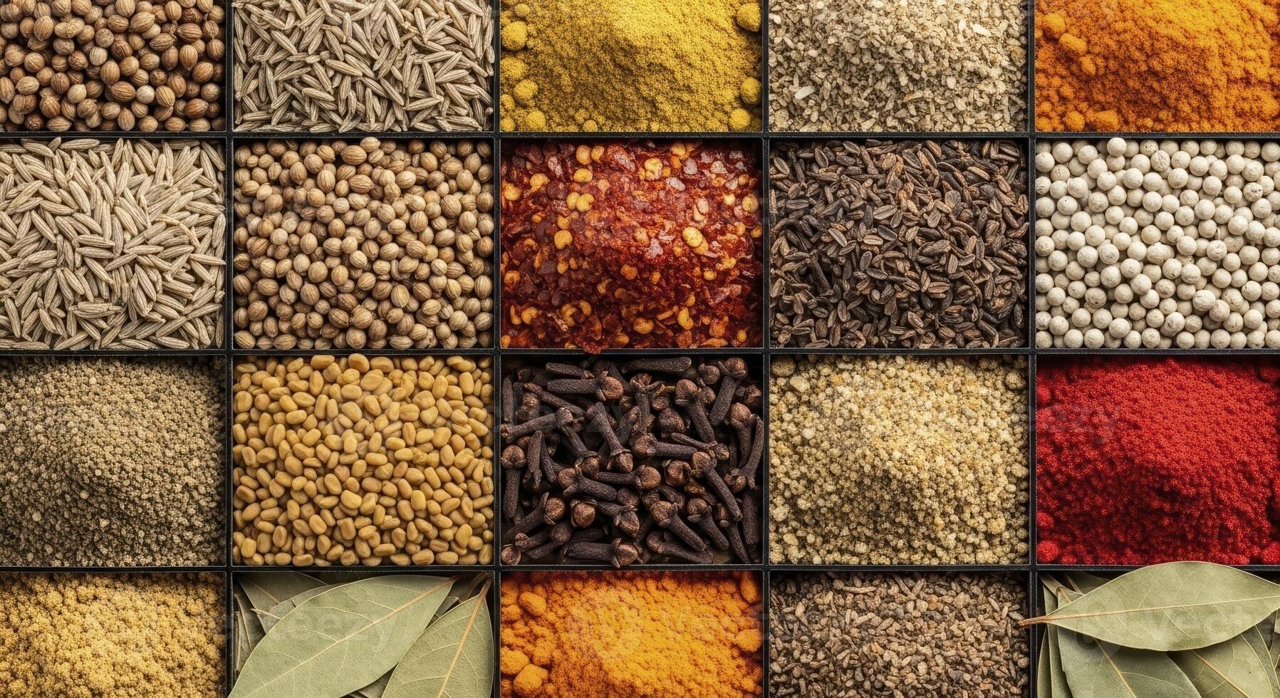 Colorful Assortment of Various Whole and Ground Spices Arranged in a Grid Pattern photo