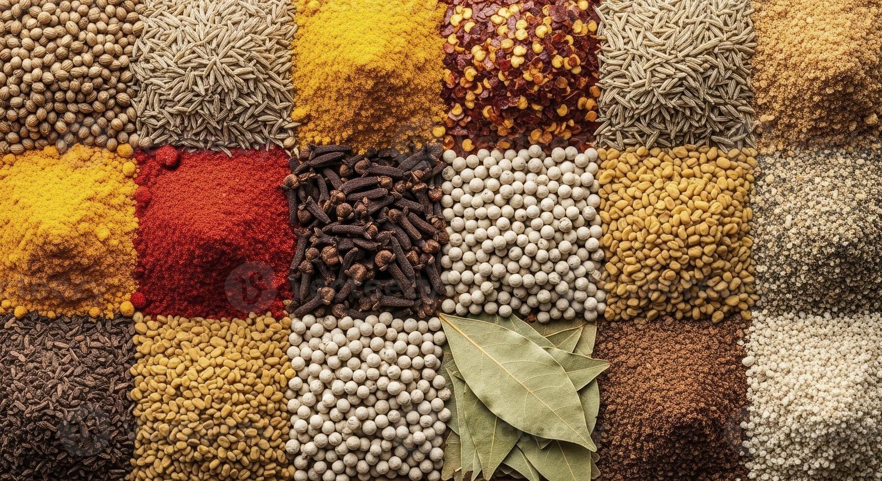 Vibrant Assortment of Colorful Spices and Herbs Arranged in a Grid Pattern photo