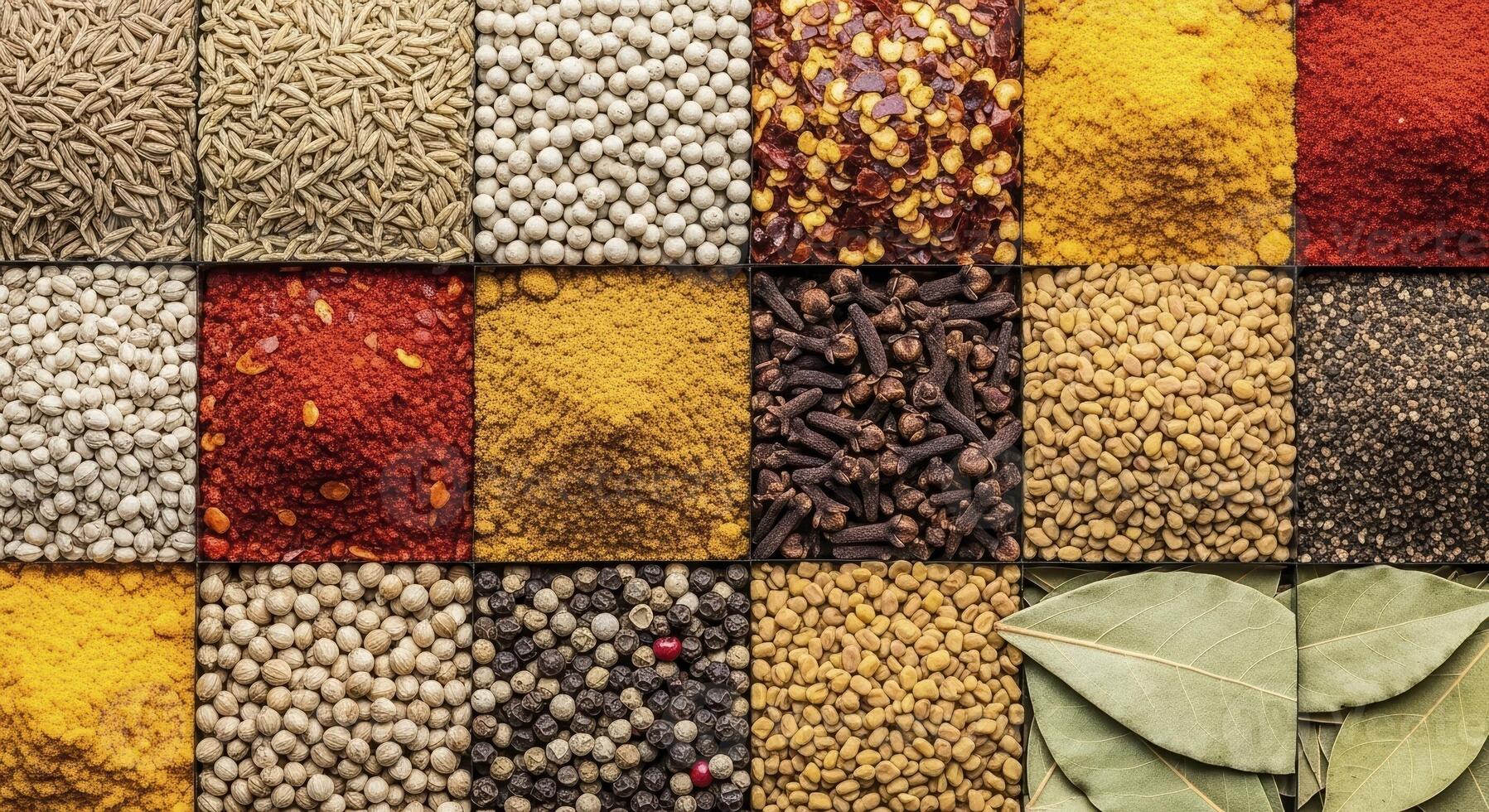 Vibrant Assortment of Aromatic Spices and Herbs in a Grid Pattern Top Down View photo