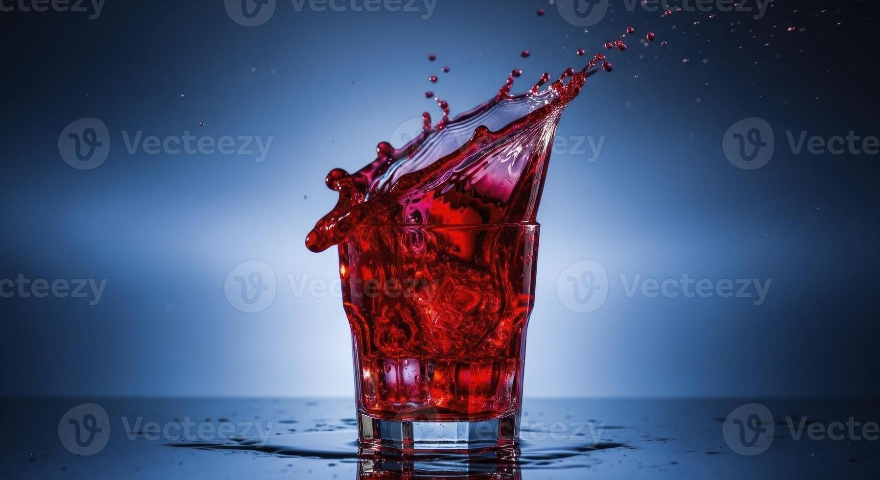 Dynamic Splash of Bright Red Liquid Erupting from a Clear Glass Against a Blue Background photo