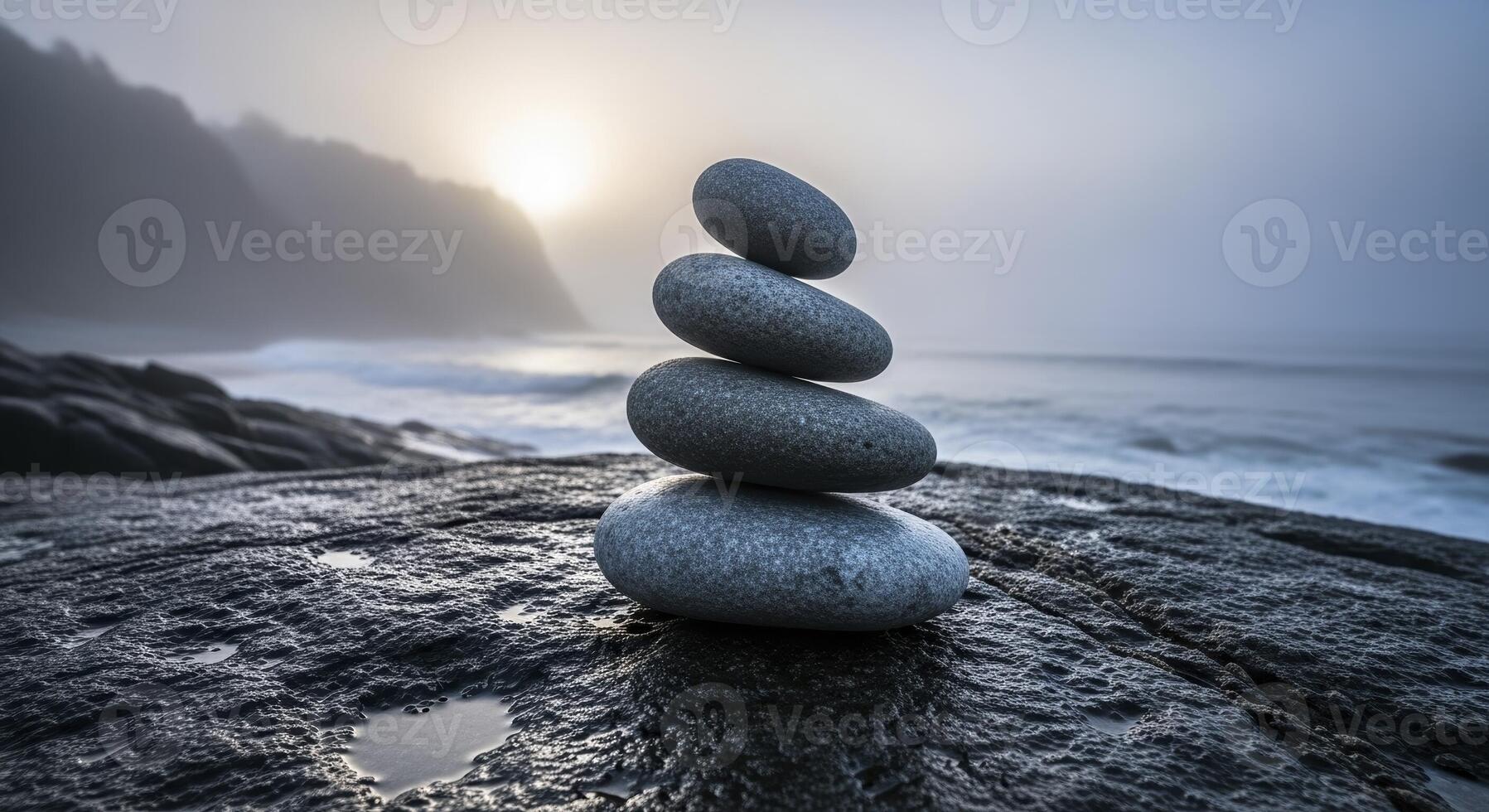 Stacked stones in perfect balance on a rocky shore with misty ocean and sunrise photo