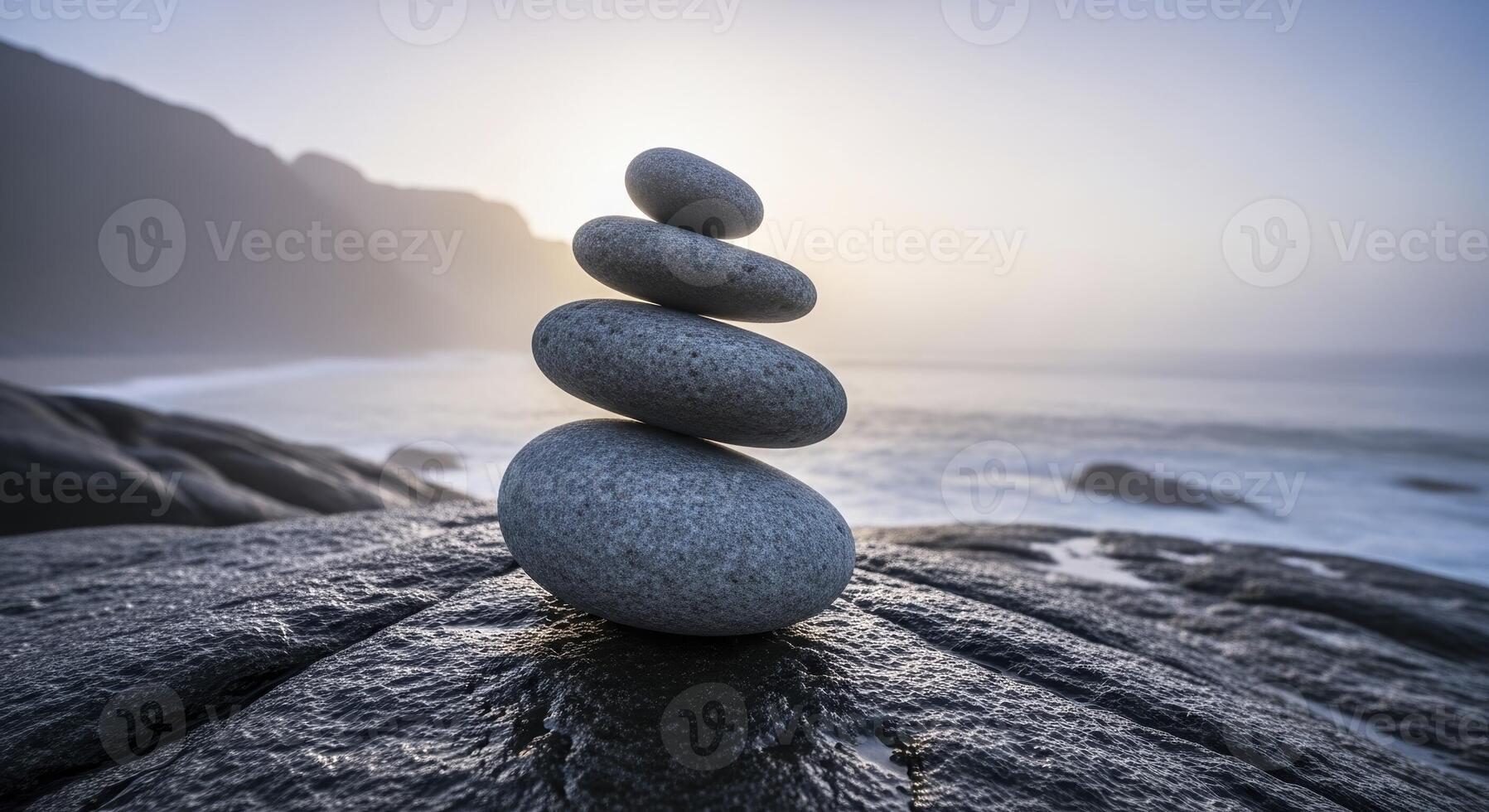 Stacked smooth stones balancing on a wet rock by the ocean at sunrise, symbolizing peace photo
