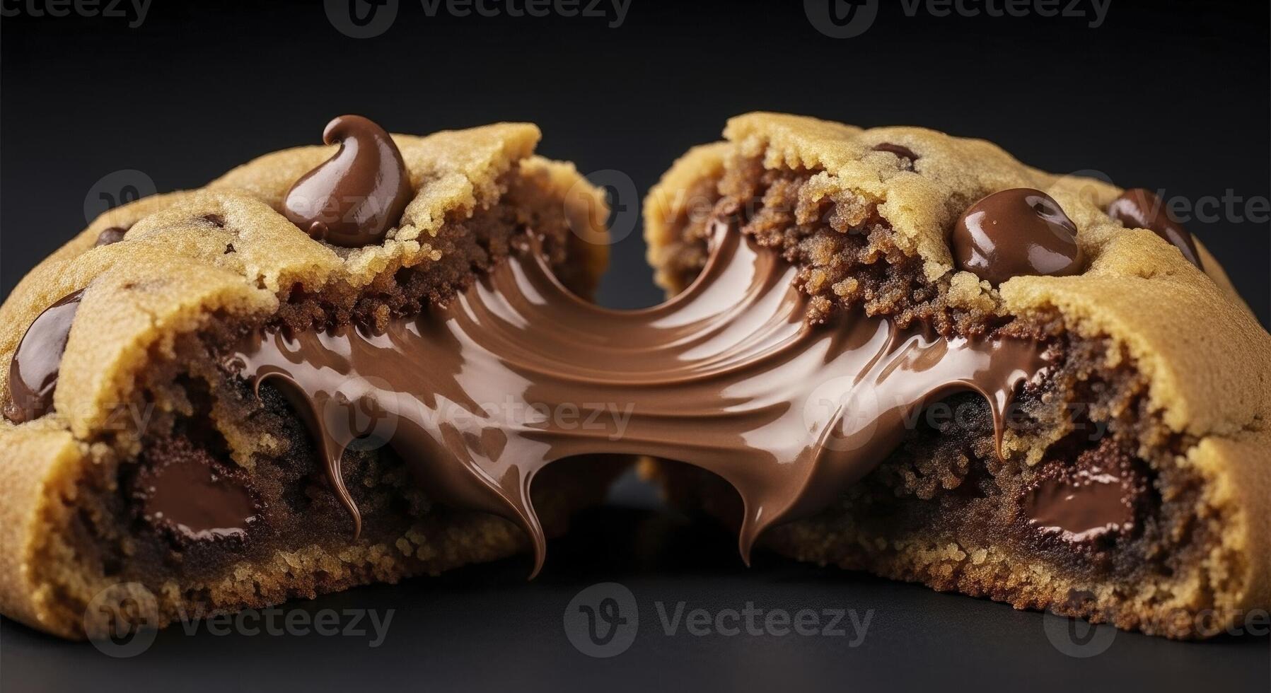 Warm chocolate chip cookie broken in half with melted gooey chocolate center photo