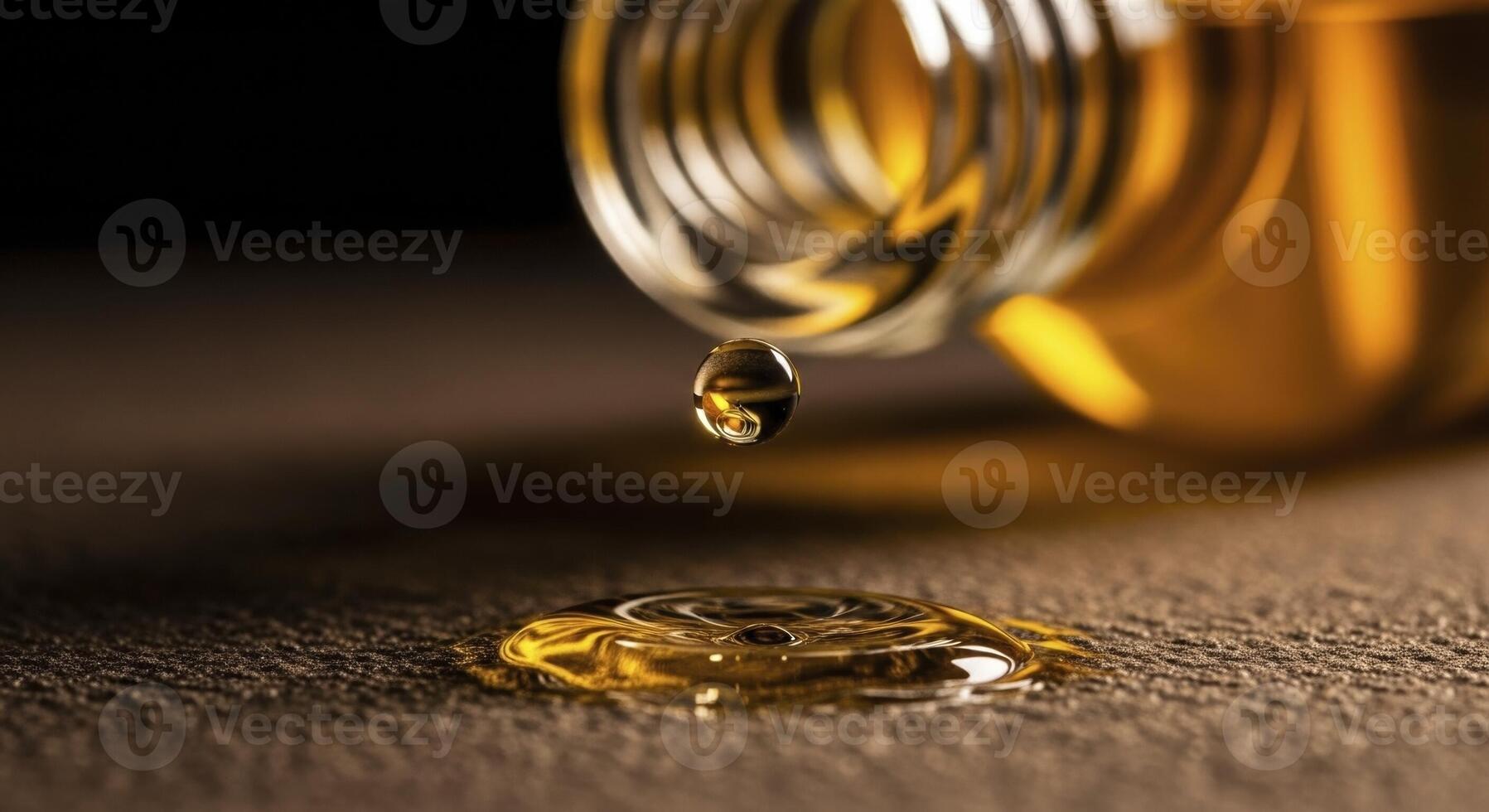 Golden viscous liquid drop falling from a bottle creating ripples on a dark surface photo