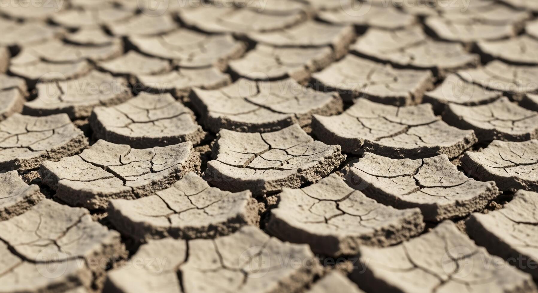 Parched cracked earth in a desert landscape showing effects of drought and extreme heat photo