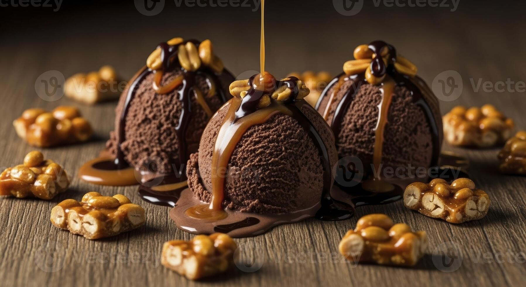 Dark chocolate ice cream scoops with peanuts, chocolate syrup, and caramel sauce on wood. photo