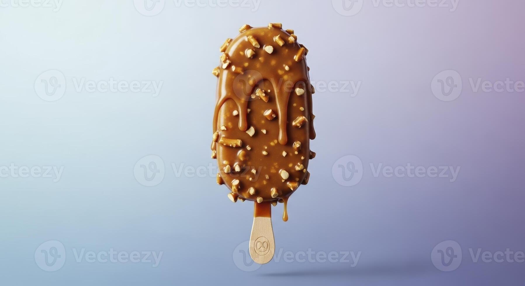 Delicious caramel and pretzel coated ice cream bar with melting drips on a wooden stick photo