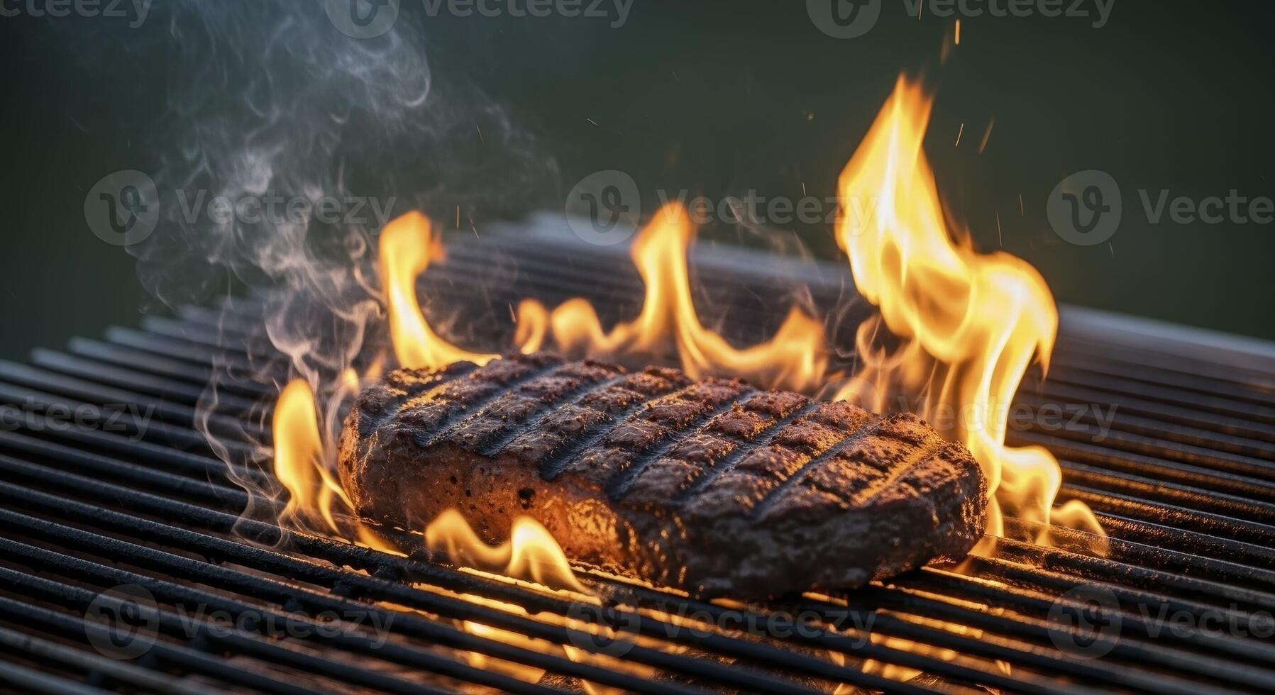 Thick steak sizzling on a hot grill grate with vibrant flames and rising smoke photo