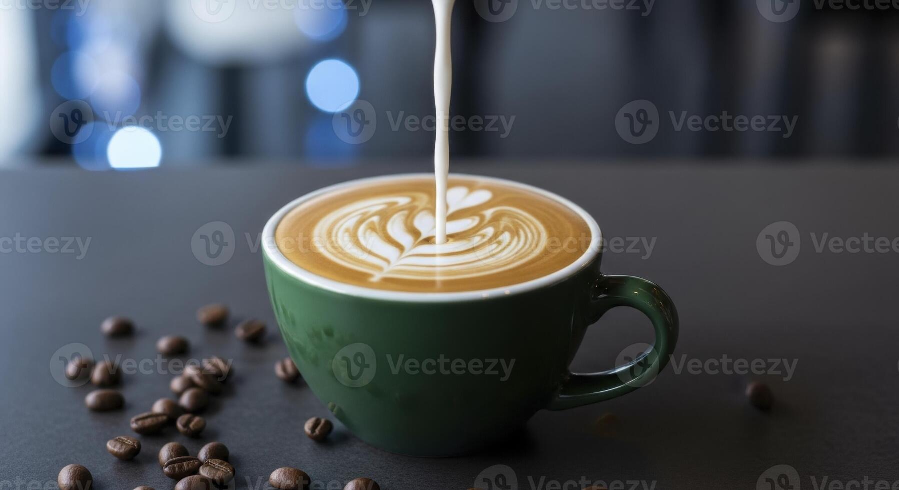 Pouring Milk into a Dark Green Coffee Cup photo