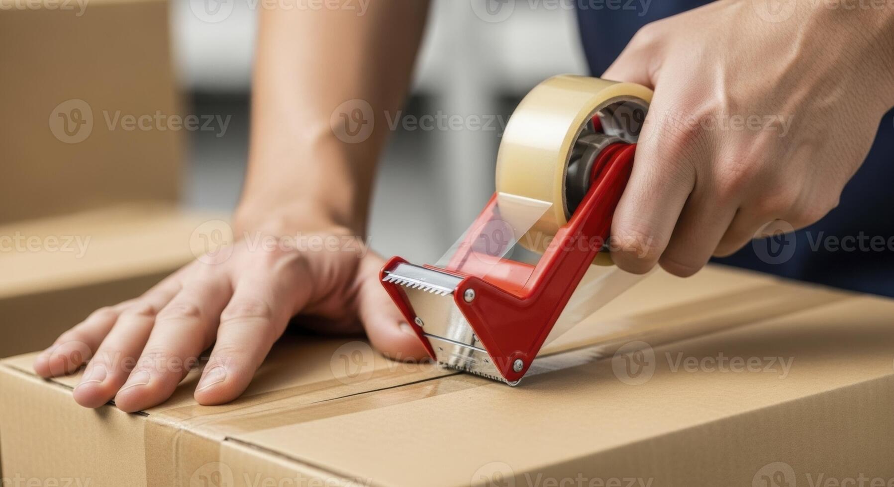 Hands using a tape dispenser to seal a cardboard box for shipping and delivery photo